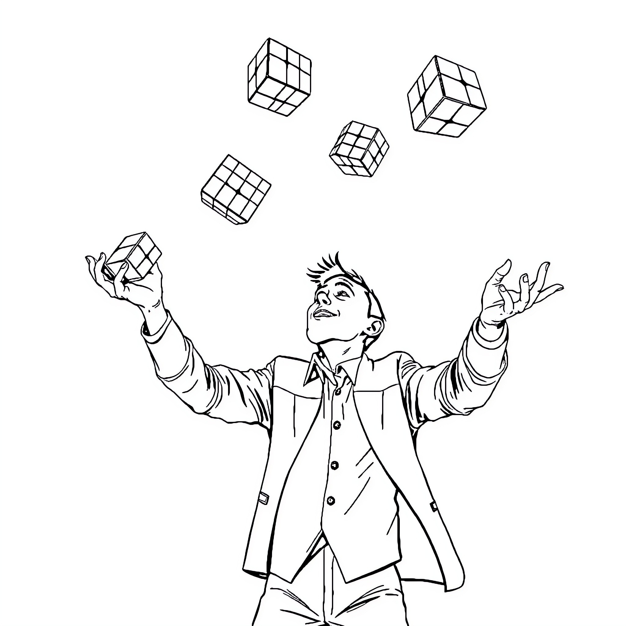 Rubik's Cube Juggling Performer Coloring Page (free black-and-white line drawing printable PDF for all, from beginners to advanced learners, including children, teens, adults, and seniors)