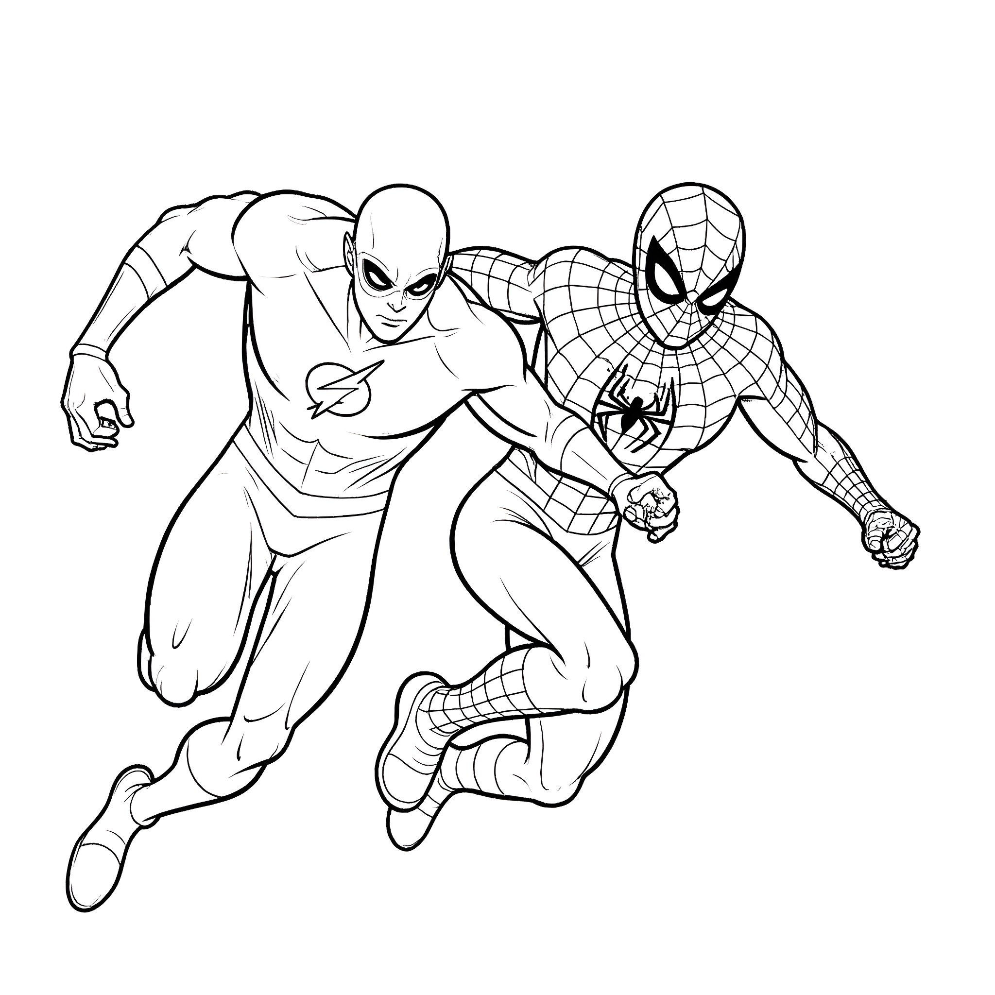 Flash of Superheroes in Action Coloring Page (free black-and-white line drawing printable PDF for all, from beginners to advanced learners, including children, teens, adults, and seniors)