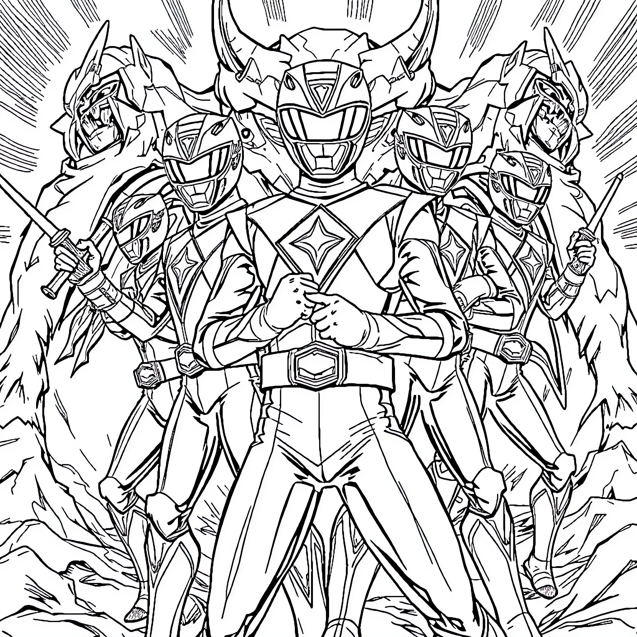 Power Rangers heroic team in battle stance Coloring Page (free black-and-white line drawing printable PDF for all, from beginners to advanced learners, including children, teens, adults, and seniors)
