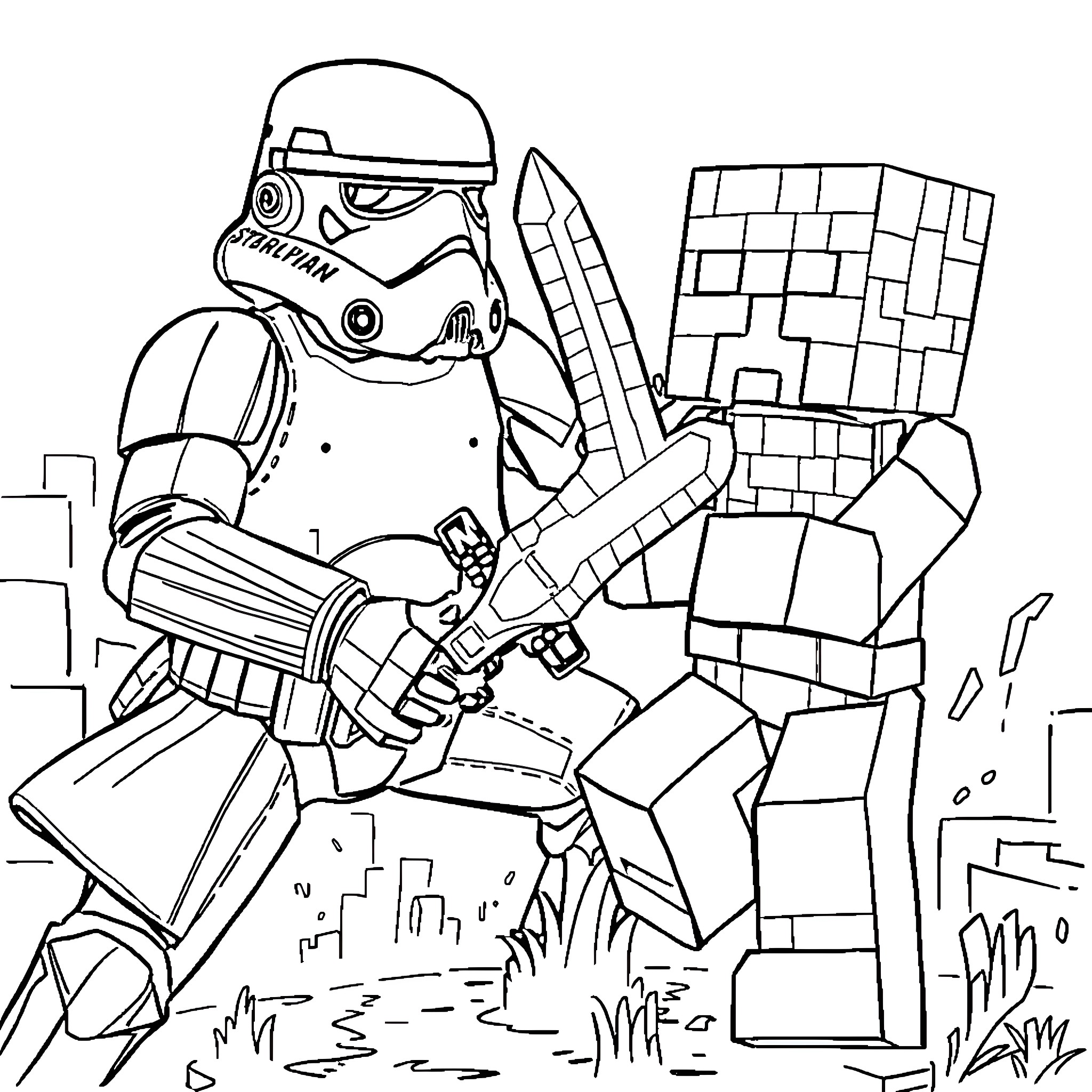 Stormtrooper engaging with Minecraft character in action Coloring Page (free black-and-white line drawing printable PDF for all, from beginners to advanced learners, including children, teens, adults, and seniors)