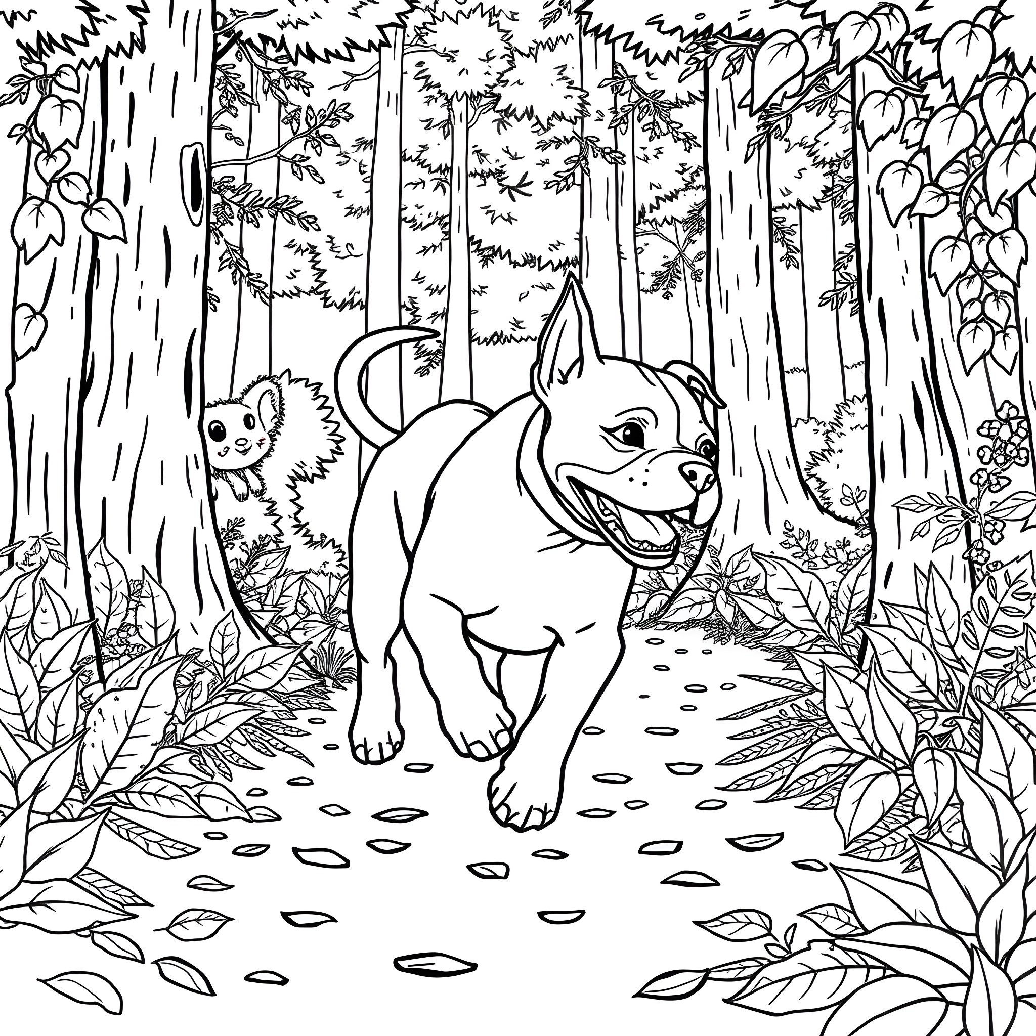 Pitbull walking happily in the enchanted forest Coloring Page (free black-and-white line drawing printable PDF for all, from beginners to advanced learners, including children, teens, adults, and seniors)