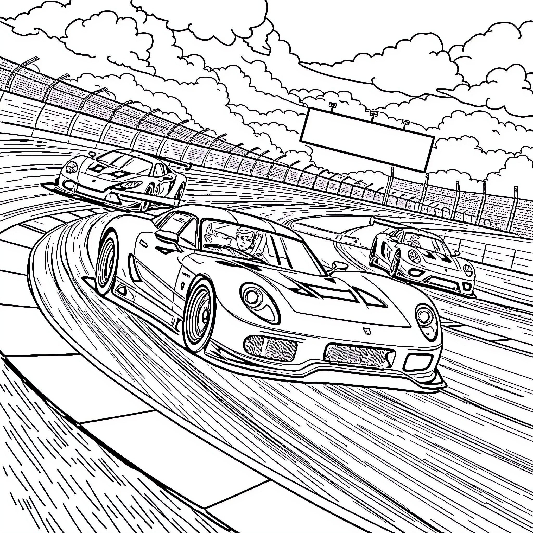 Car Racing on Speeding Track in the Clouds Coloring Page (free black-and-white line drawing printable PDF for all, from beginners to advanced learners, including children, teens, adults, and seniors)
