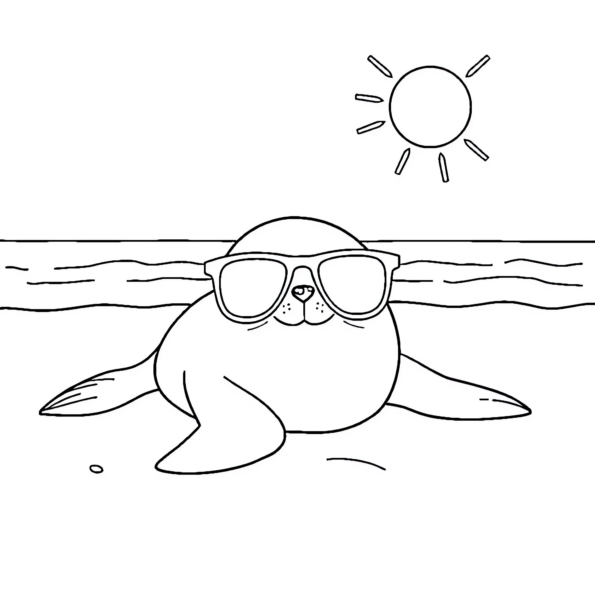 Seal enjoying the sun in sunglasses Coloring Page (free black-and-white line drawing printable PDF for all, from beginners to advanced learners, including children, teens, adults, and seniors)