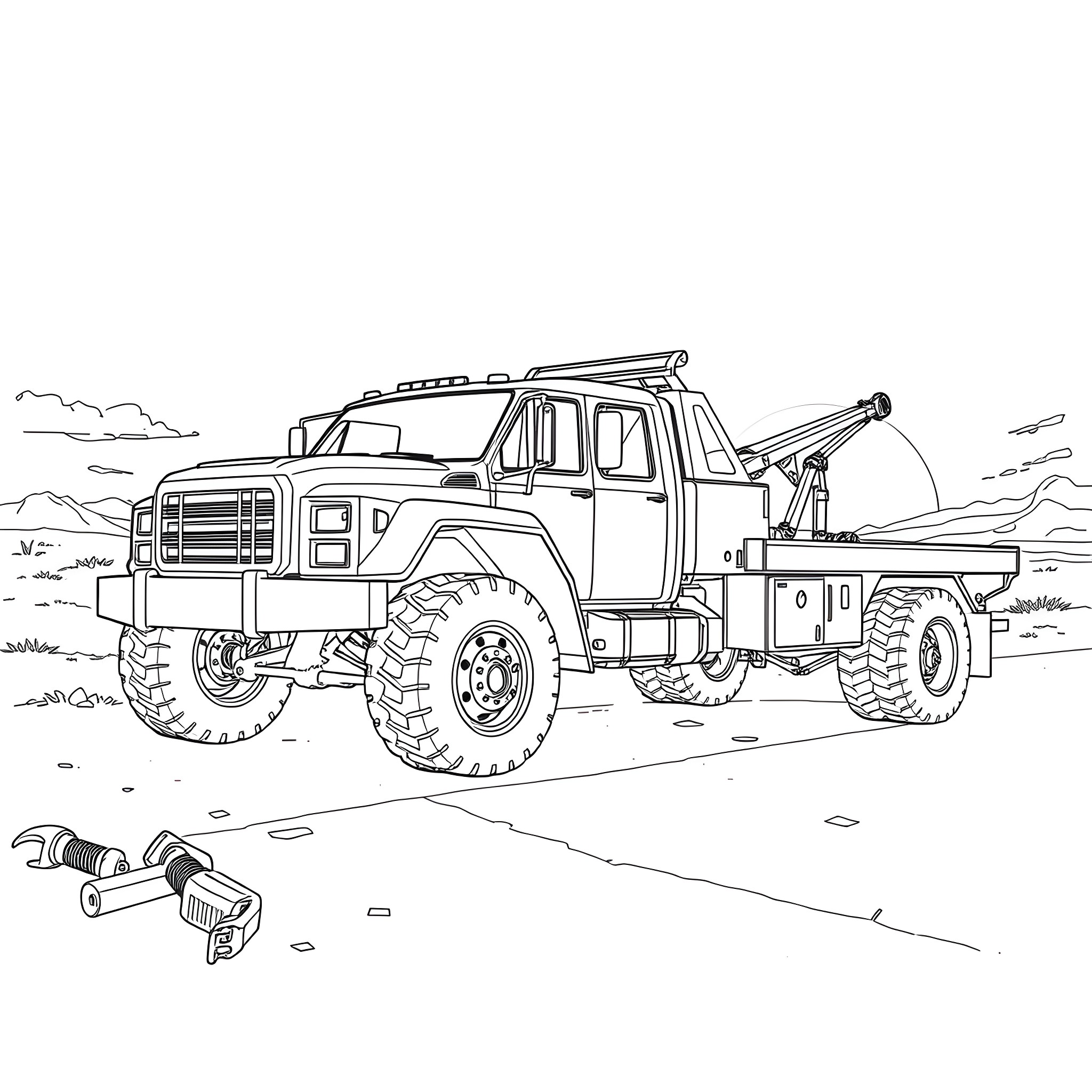 Wrecker truck in the rugged terrain Coloring Page (free black-and-white line drawing printable PDF for all, from beginners to advanced learners, including children, teens, adults, and seniors)