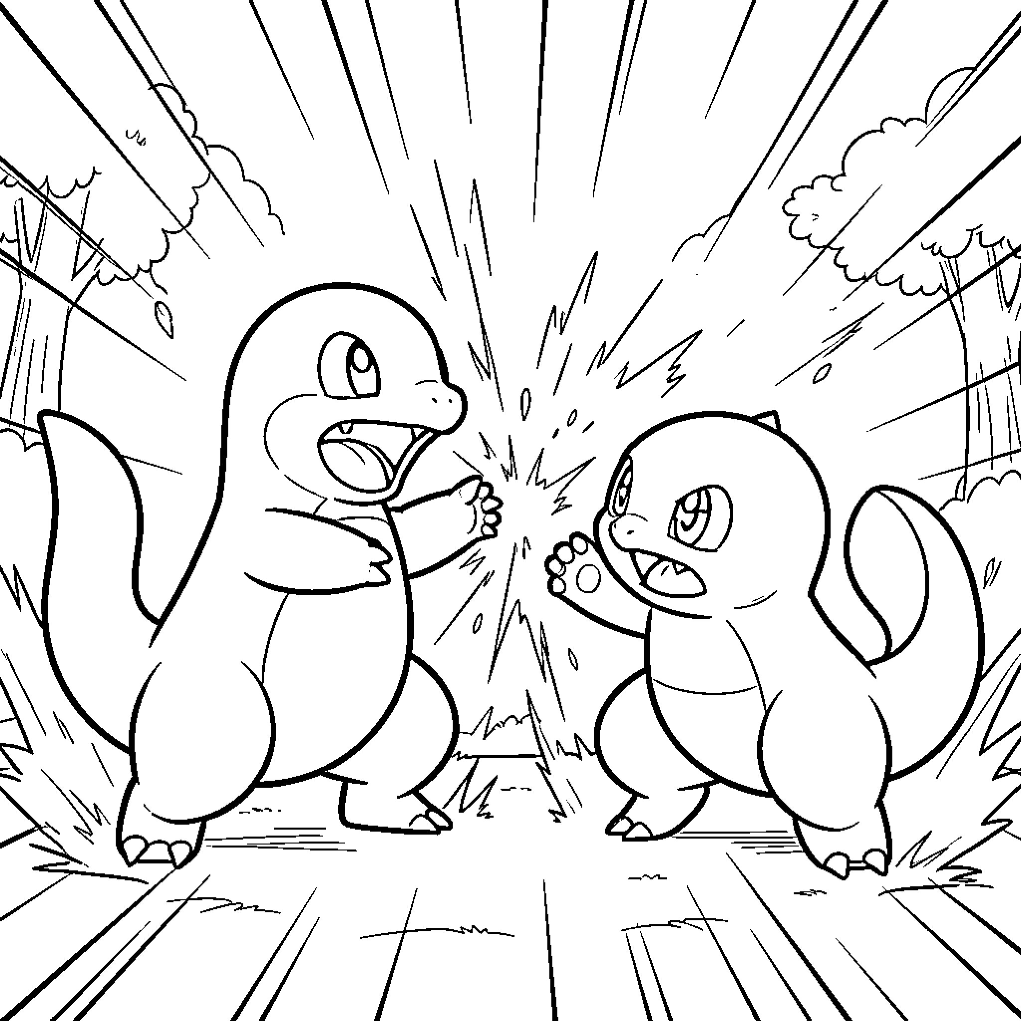 Charmander facing off against another Pokémon in battle Coloring Page (free black-and-white line drawing printable PDF for all, from beginners to advanced learners, including children, teens, adults, and seniors)
