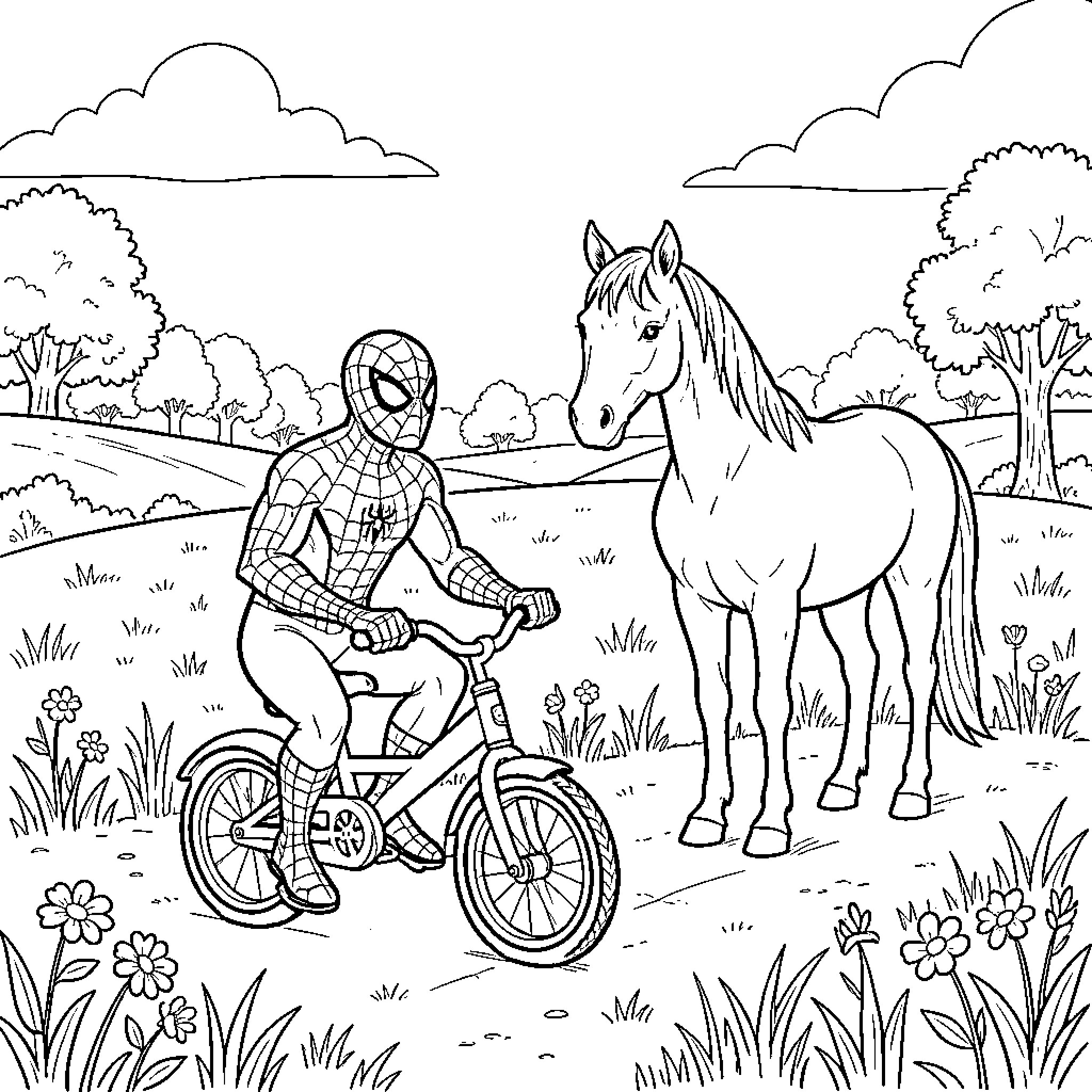 Spiderman riding a bicycle next to a horse Coloring Page (free black-and-white line drawing printable PDF for all, from beginners to advanced learners, including children, teens, adults, and seniors)
