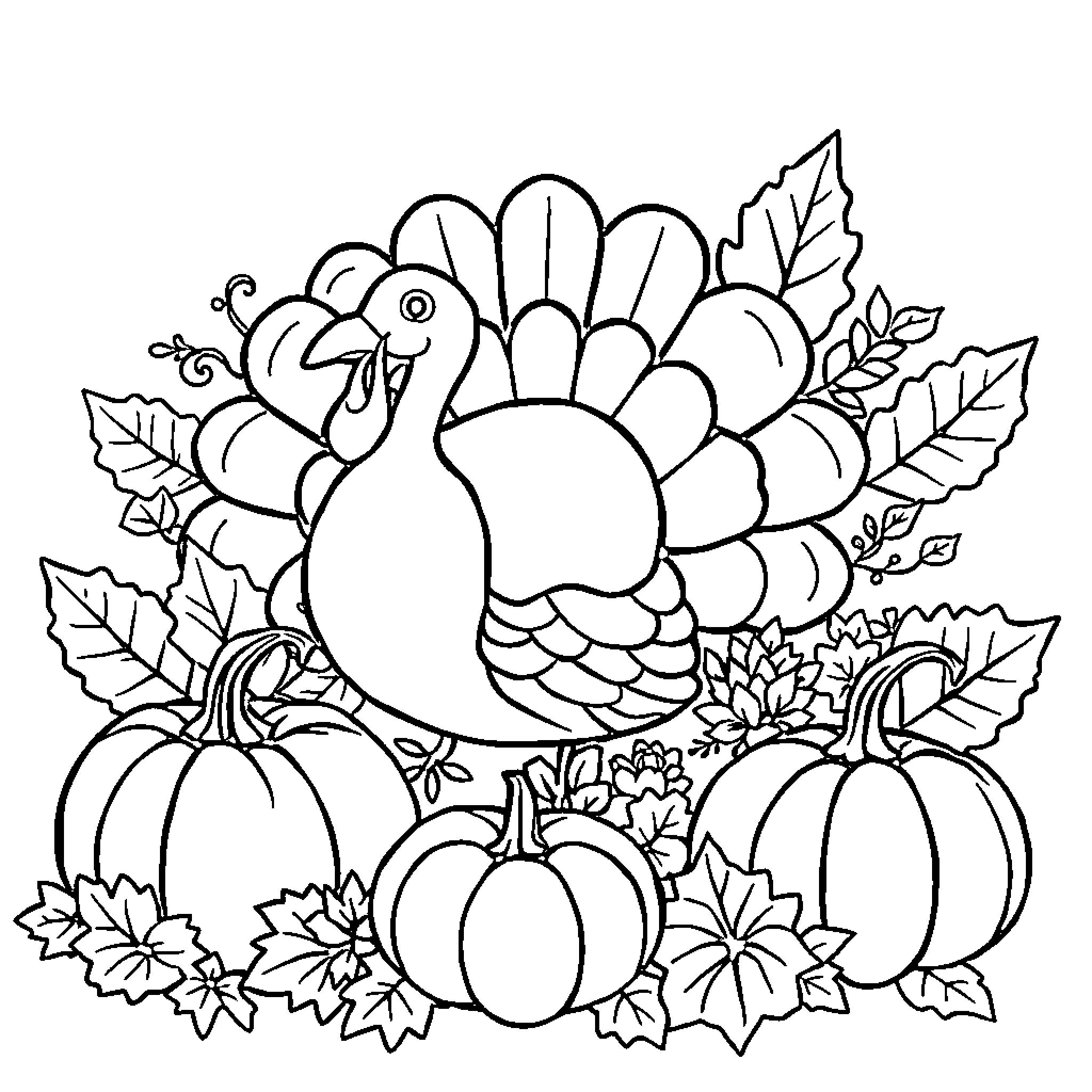 Thanksgiving Turkey Surrounded by Autumn Leaves and Pumpkins Coloring Page (free black-and-white line drawing printable PDF for all, from beginners to advanced learners, including children, teens, adults, and seniors)