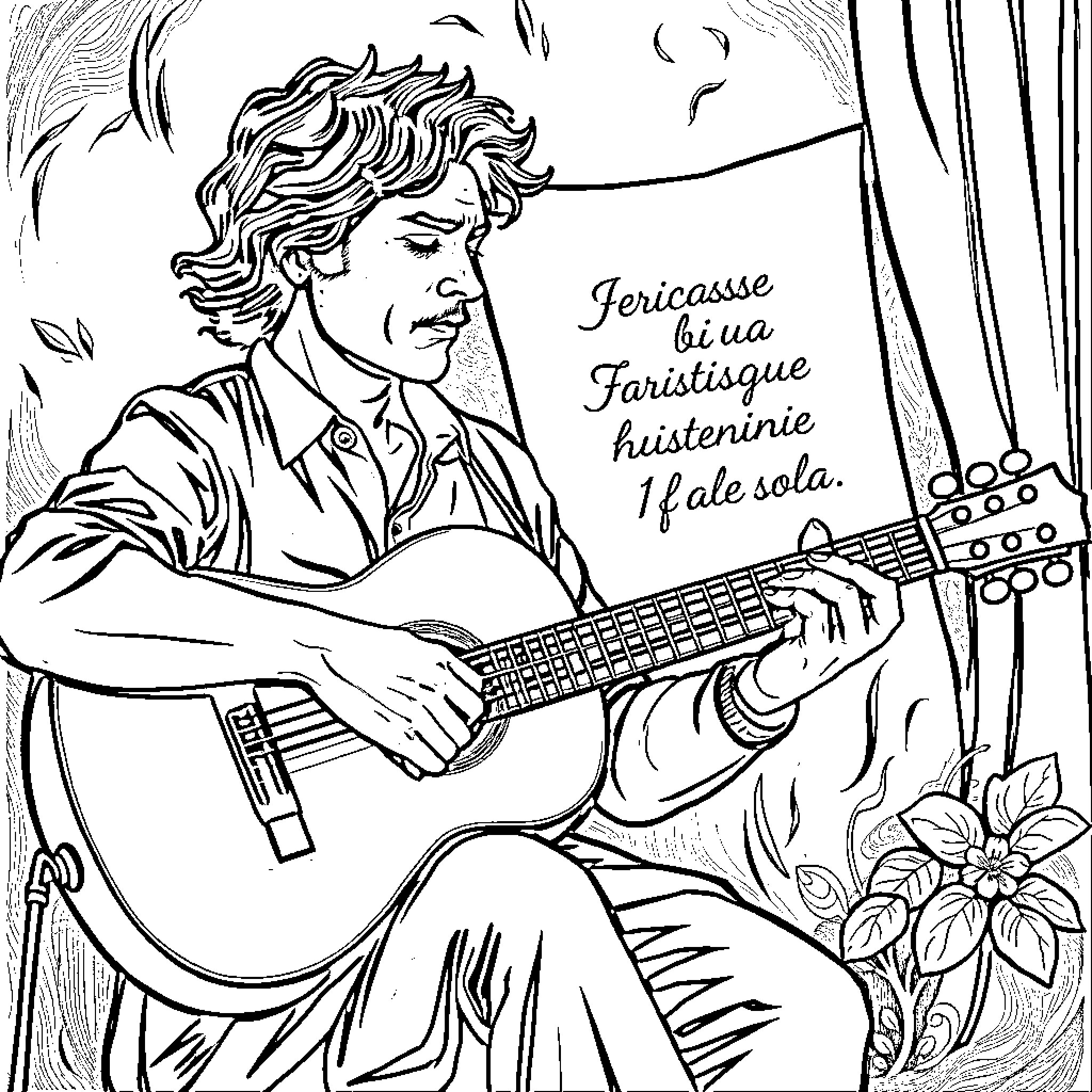 Musician playing guitar with expressive face Coloring Page (free black-and-white line drawing printable PDF for all, from beginners to advanced learners, including children, teens, adults, and seniors)