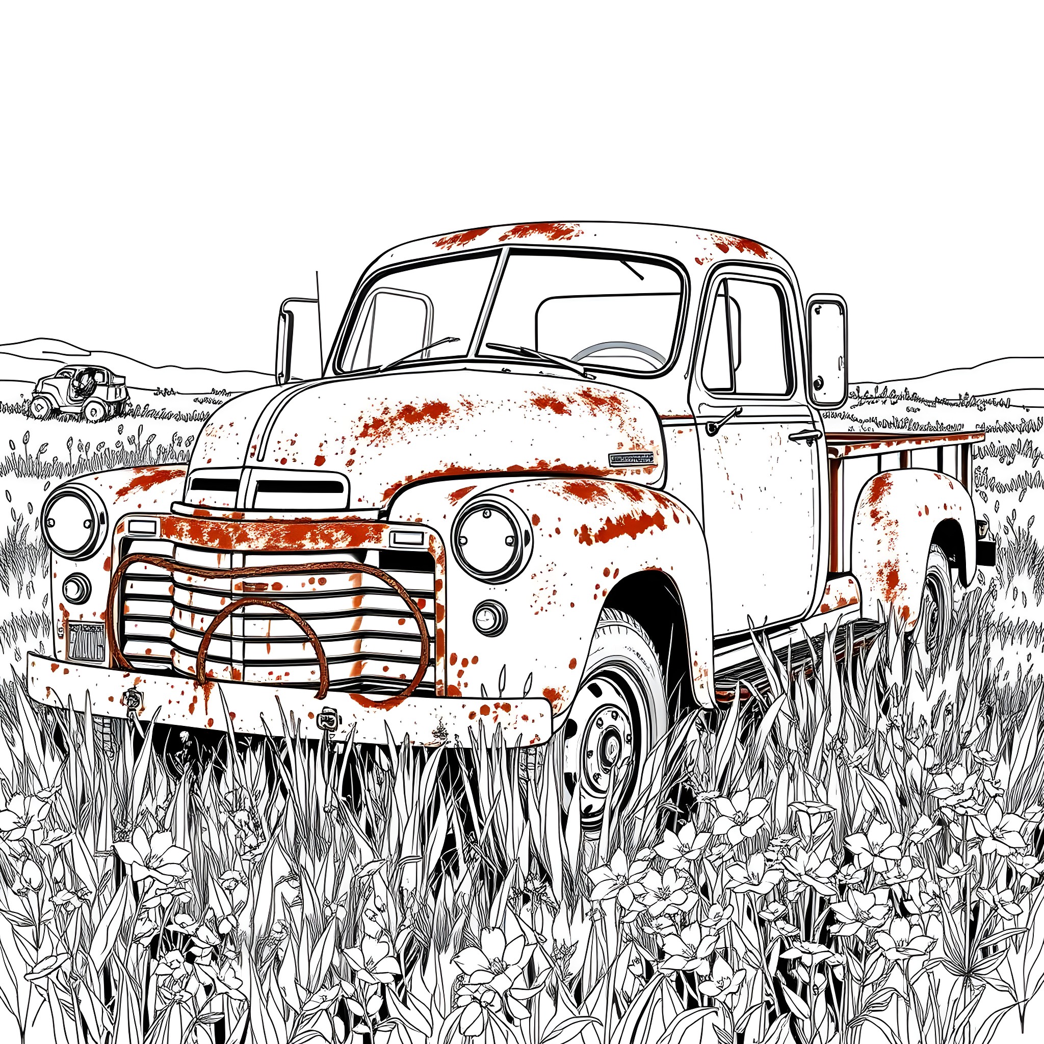 Truck parked in a field of wildflowers Coloring Page (free black-and-white line drawing printable PDF for all, from beginners to advanced learners, including children, teens, adults, and seniors)