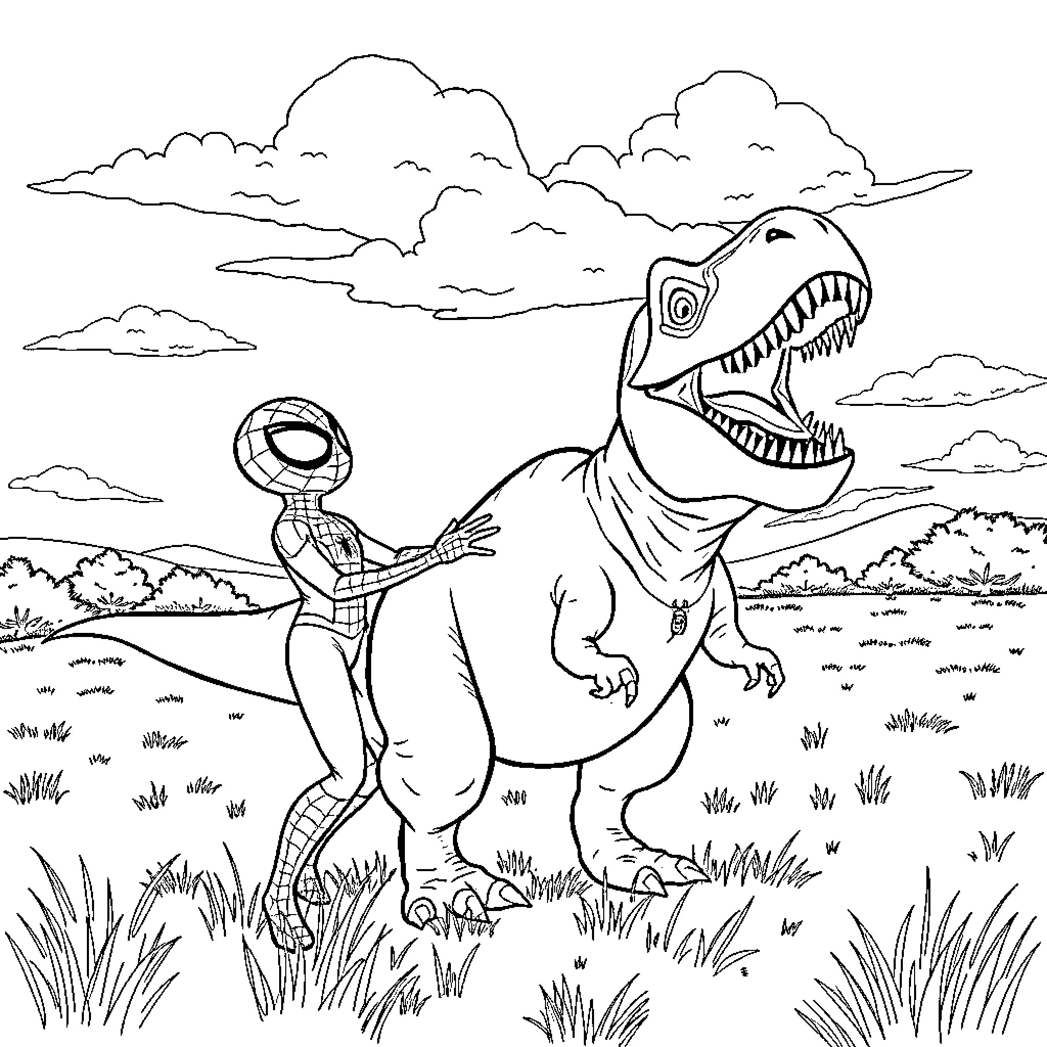 Spidey riding a large dinosaur through a field Coloring Page (free black-and-white line drawing printable PDF for all, from beginners to advanced learners, including children, teens, adults, and seniors)
