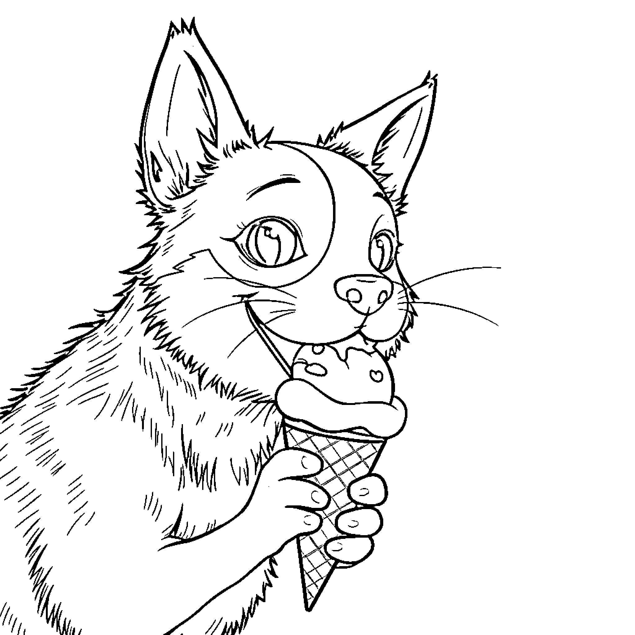 Dog/Cat enjoying a delicious ice cream cone Coloring Page (free black-and-white line drawing printable PDF for all, from beginners to advanced learners, including children, teens, adults, and seniors)