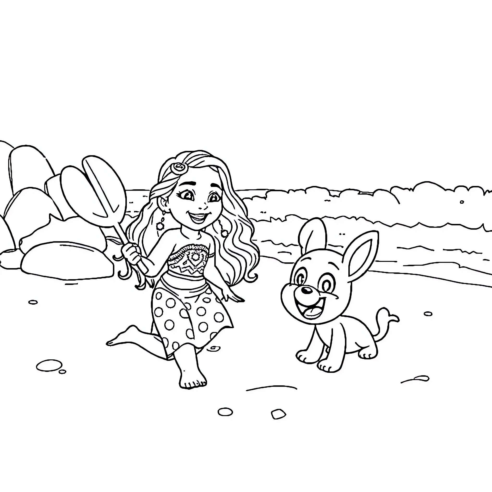Moana exploring the beach with her puppy companion Coloring Page (free black-and-white line drawing printable PDF for all, from beginners to advanced learners, including children, teens, adults, and seniors)