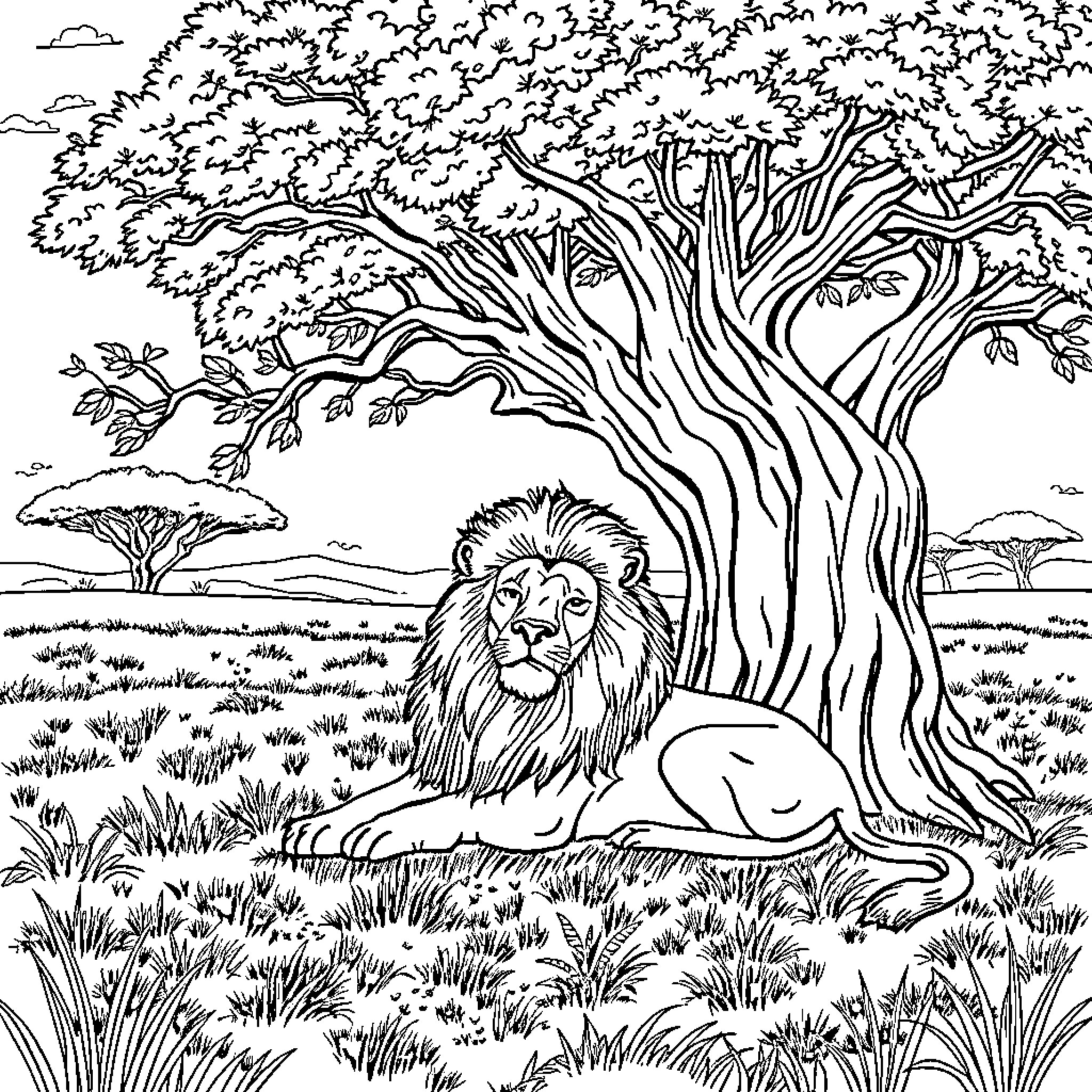 Lion resting in the serene African landscape Coloring Page (free black-and-white line drawing printable PDF for all, from beginners to advanced learners, including children, teens, adults, and seniors)