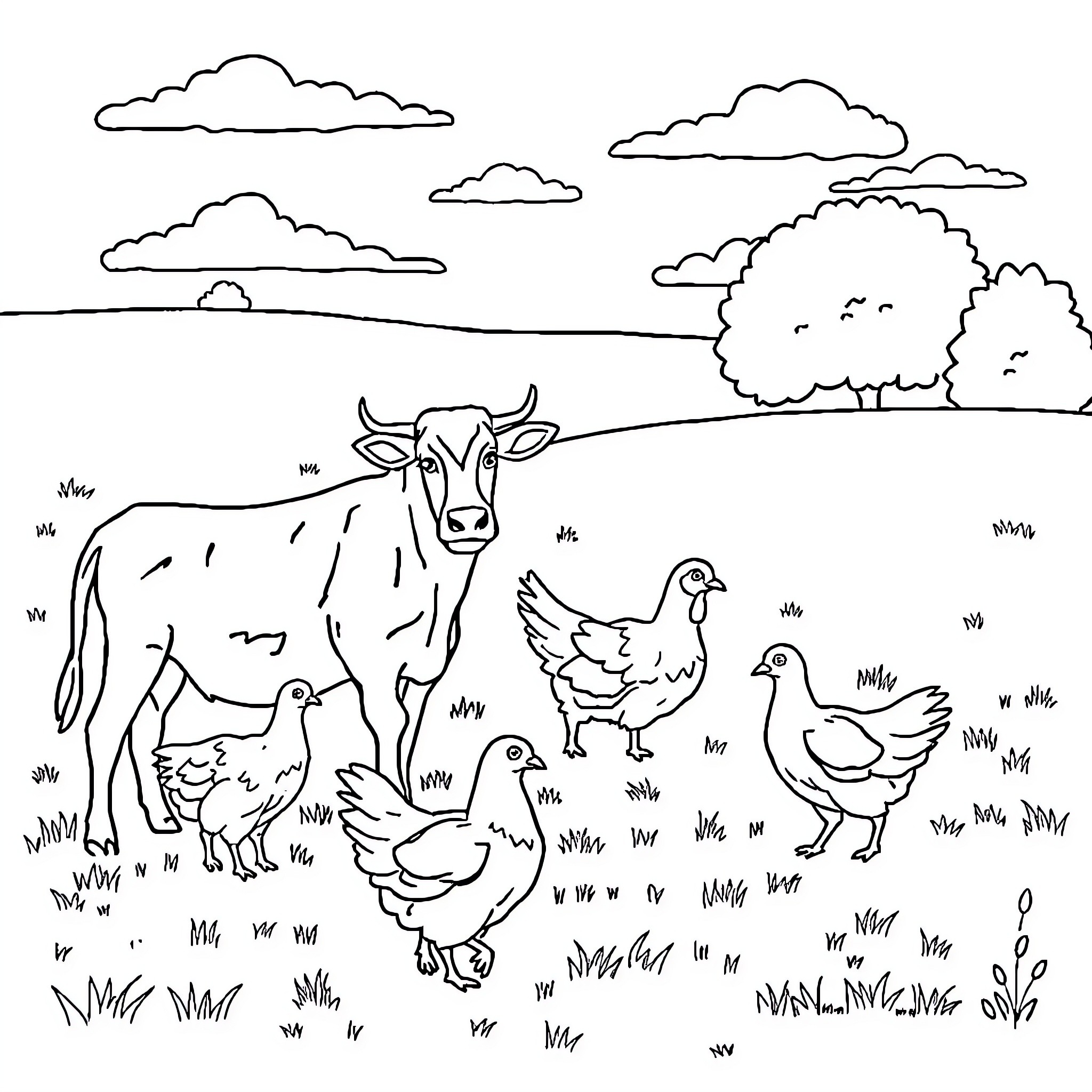 Farm Animal Farmyard Scene with Cow and Chickens Coloring Page (free black-and-white line drawing printable PDF for all, from beginners to advanced learners, including children, teens, adults, and seniors)