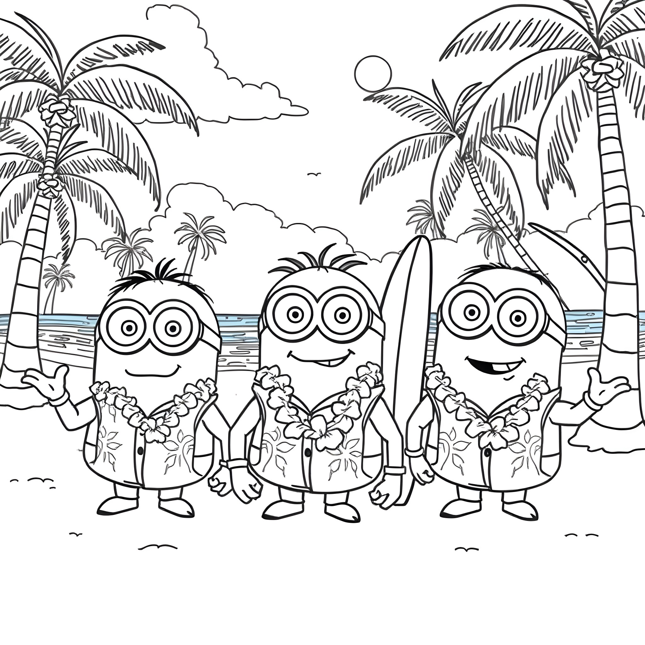 Minions enjoying a tropical vacation at the beach Coloring Page (free black-and-white line drawing printable PDF for all, from beginners to advanced learners, including children, teens, adults, and seniors)