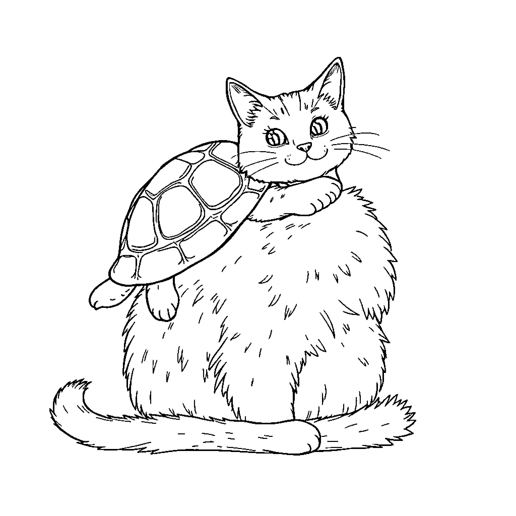 Turtle cat relaxing with cute expression Coloring Page (free black-and-white line drawing printable PDF for all, from beginners to advanced learners, including children, teens, adults, and seniors)