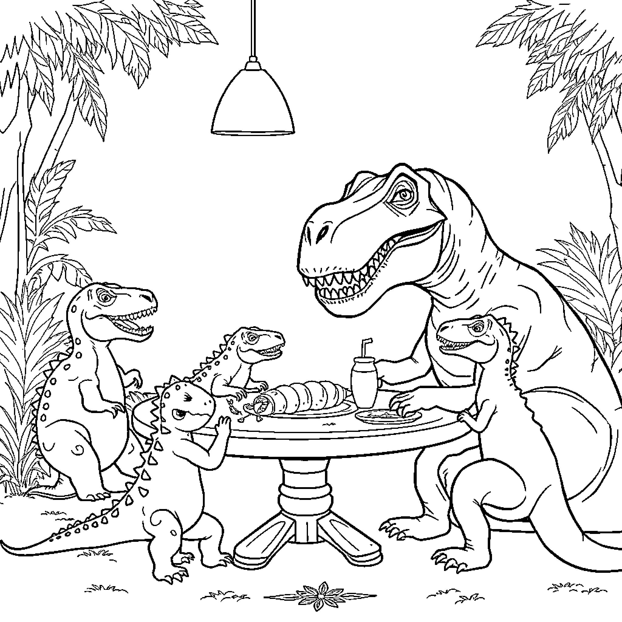 T-Rex Family Enjoying Dinner at the Table Coloring Page (free black-and-white line drawing printable PDF for all, from beginners to advanced learners, including children, teens, adults, and seniors)