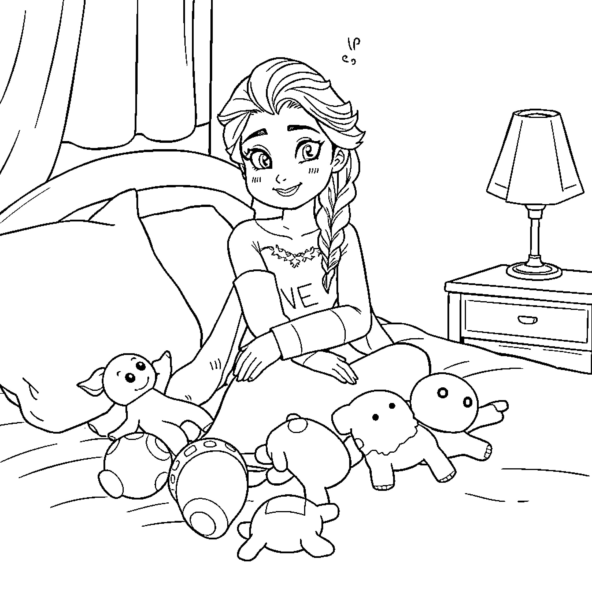 Elsa playing with plush toys in her bedroom Coloring Page (free black-and-white line drawing printable PDF for all, from beginners to advanced learners, including children, teens, adults, and seniors)