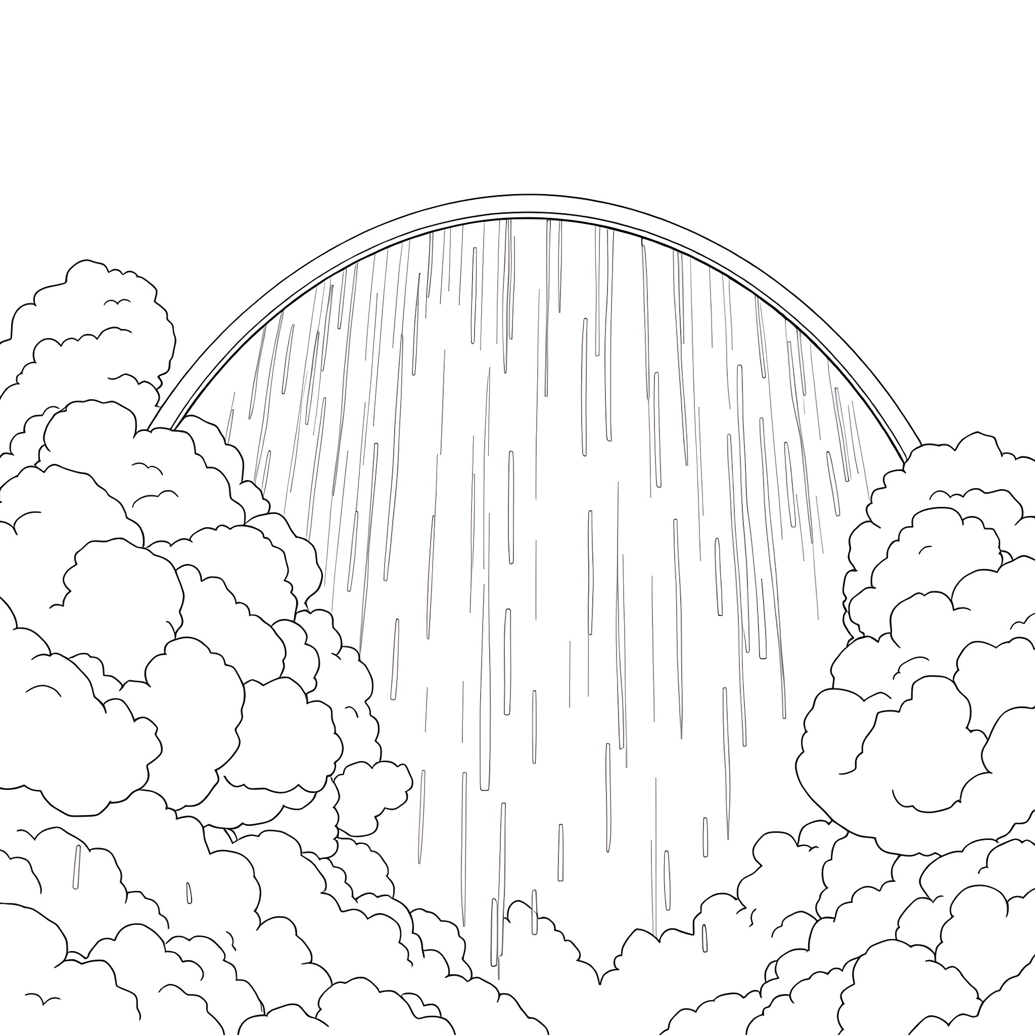 Rainbow Waterfall in Cloudy Skies Coloring Page (free black-and-white line drawing printable PDF for all, from beginners to advanced learners, including children, teens, adults, and seniors)