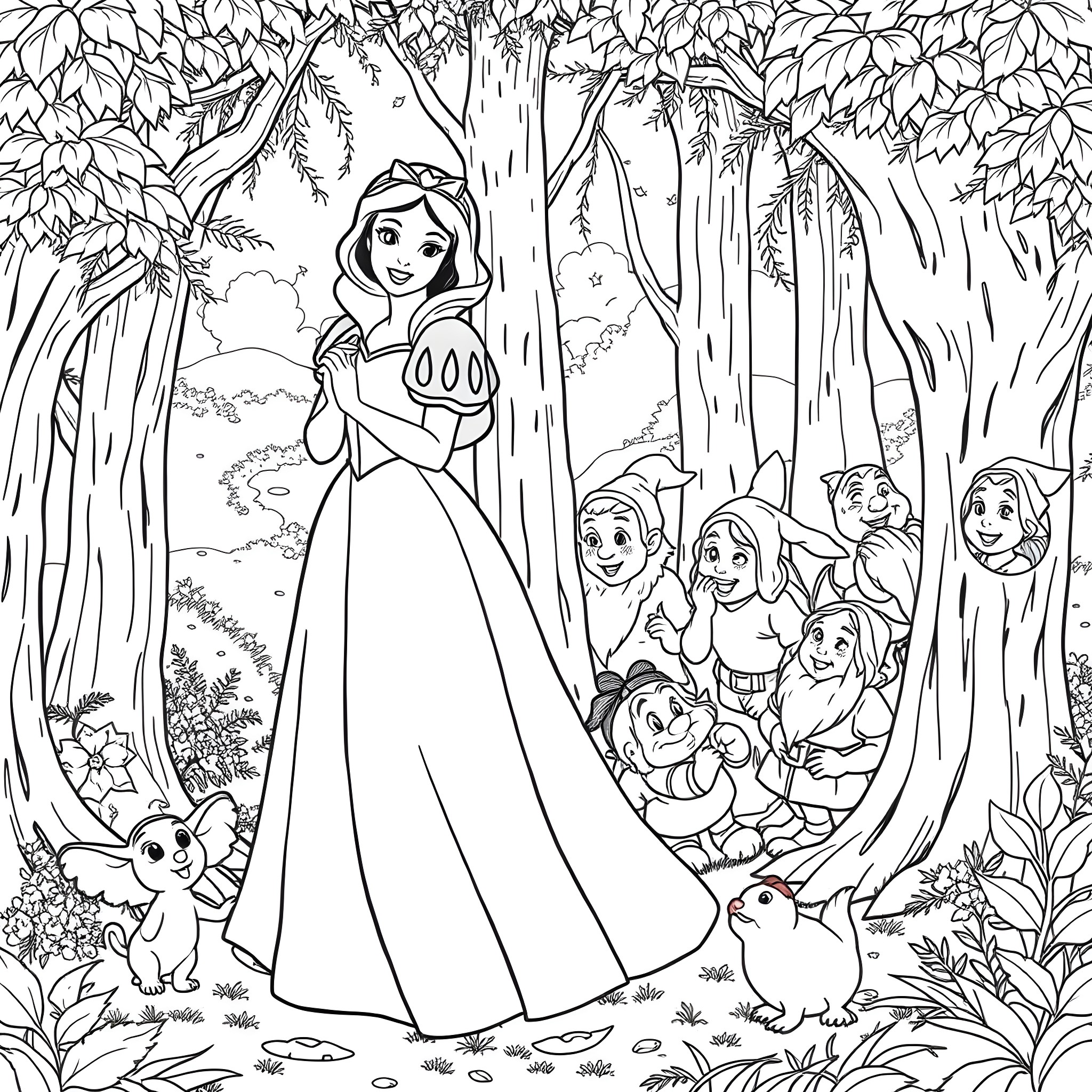 Snow White surrounded by forest animals Coloring Page (free black-and-white line drawing printable PDF for all, from beginners to advanced learners, including children, teens, adults, and seniors)