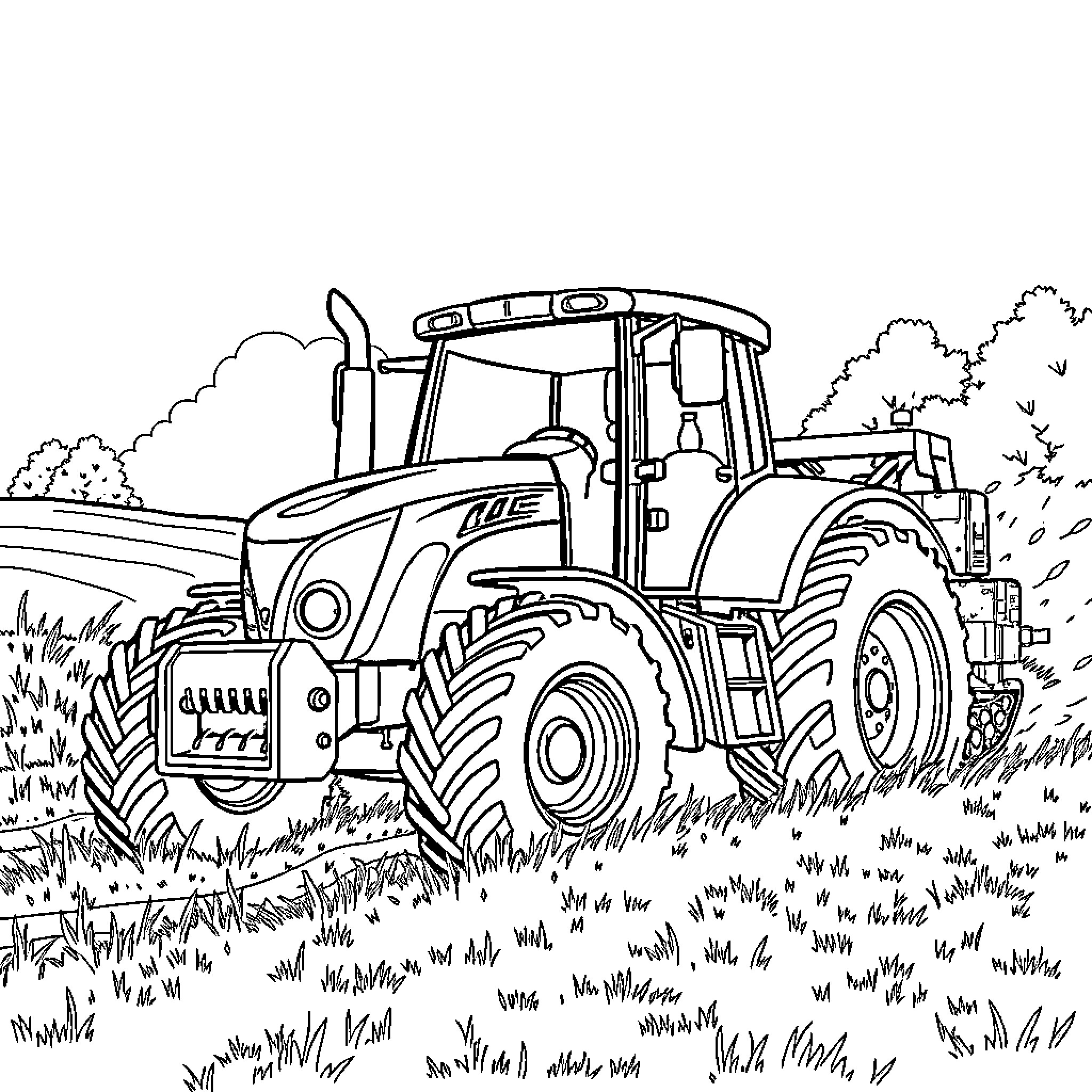 Tractor working diligently in the countryside Coloring Page (free black-and-white line drawing printable PDF for all, from beginners to advanced learners, including children, teens, adults, and seniors)
