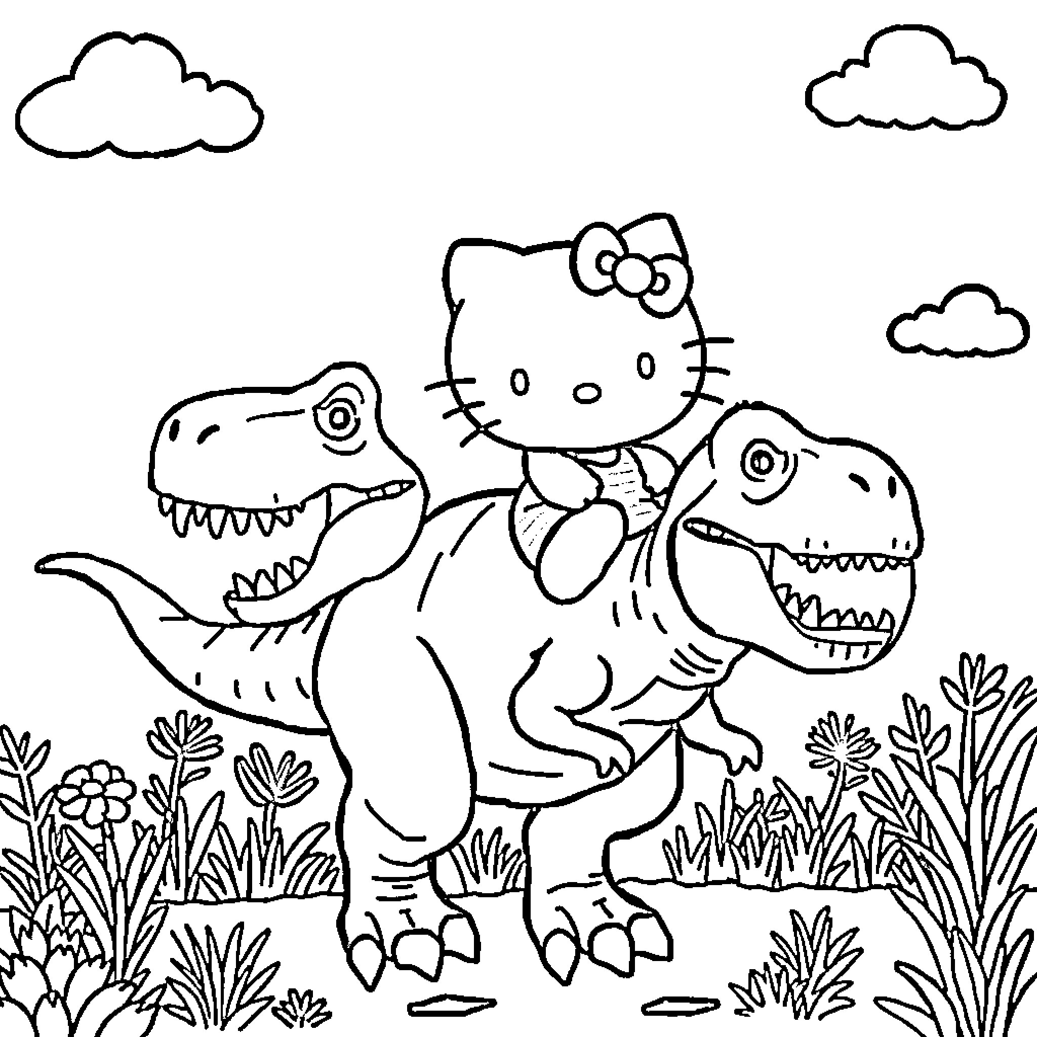 Hello Kitty riding on a dinosaur in the jungle Coloring Page (free black-and-white line drawing printable PDF for all, from beginners to advanced learners, including children, teens, adults, and seniors)