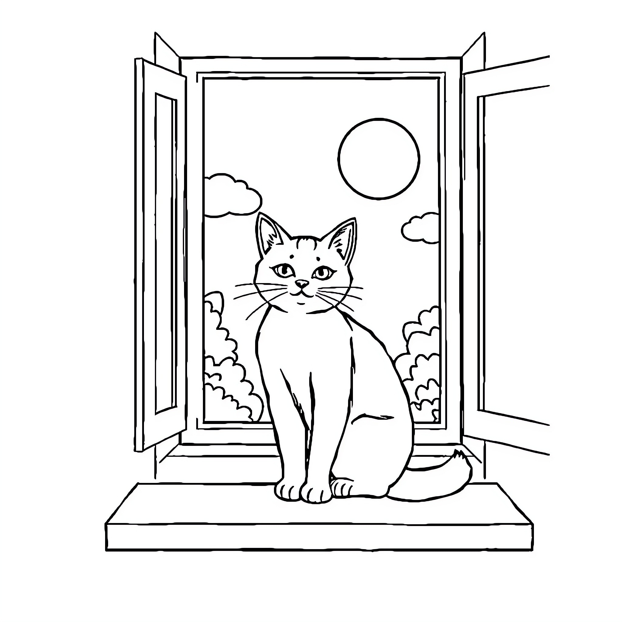 Cat sitting on windowsill overlooking nature Coloring Page (free black-and-white line drawing printable PDF for all, from beginners to advanced learners, including children, teens, adults, and seniors)