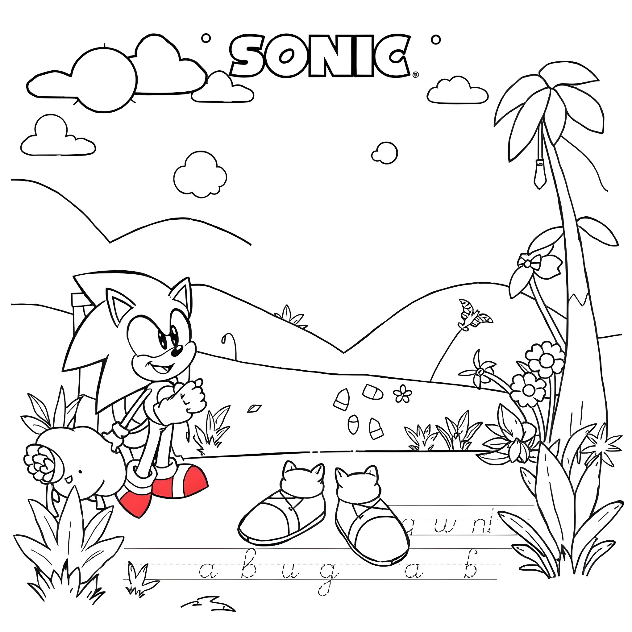 Sonic enjoying the nature scenery Coloring Page (free black-and-white line drawing printable PDF for all, from beginners to advanced learners, including children, teens, adults, and seniors)