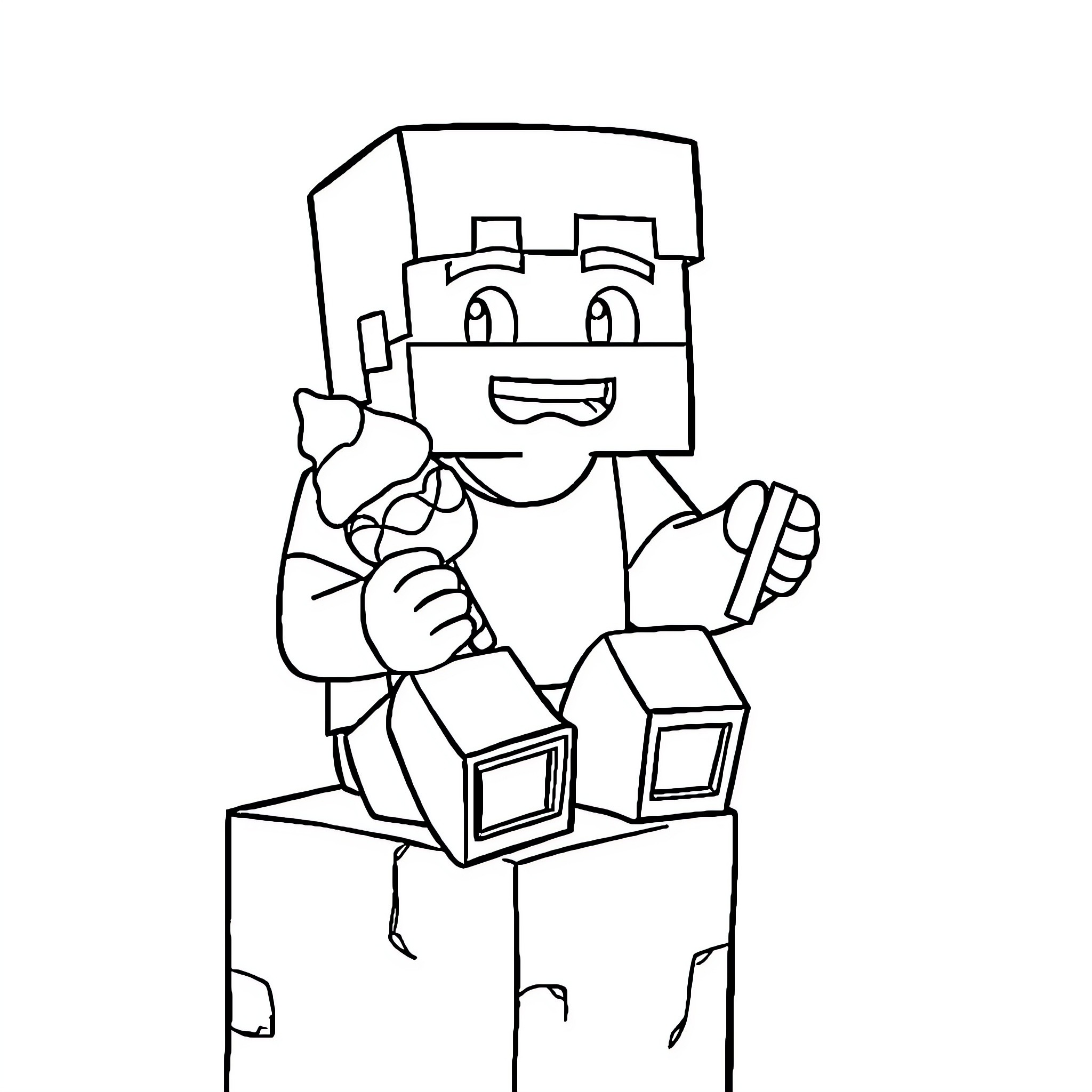 Steve happily playing with building blocks Coloring Page (free black-and-white line drawing printable PDF for all, from beginners to advanced learners, including children, teens, adults, and seniors)