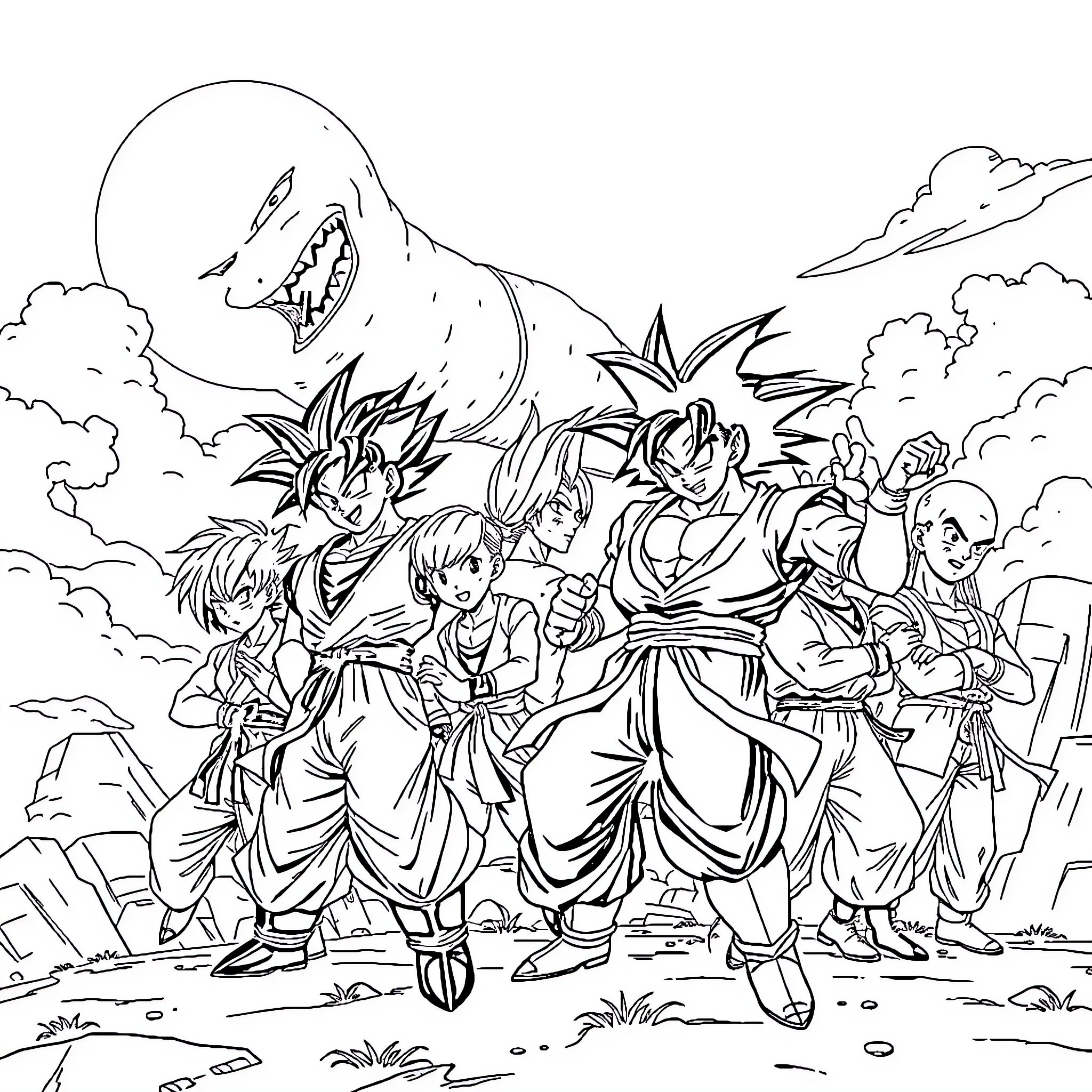 Dragon Ball Fighters Brace for Battle Against Towering Foe Coloring Page (free black-and-white line drawing printable PDF for all, from beginners to advanced learners, including children, teens, adults, and seniors)