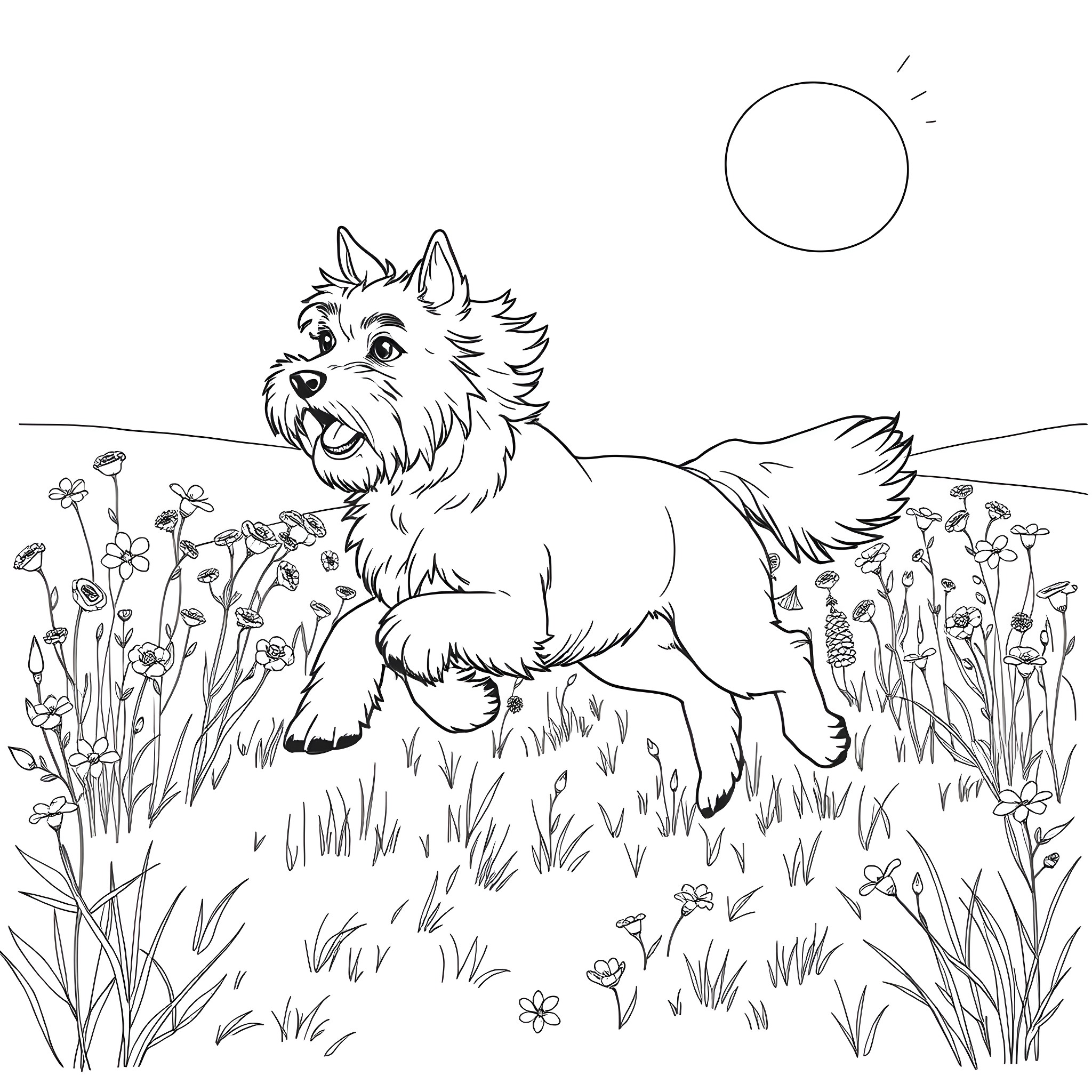 Maltese dog frolicking in a blooming meadow Coloring Page (free black-and-white line drawing printable PDF for all, from beginners to advanced learners, including children, teens, adults, and seniors)