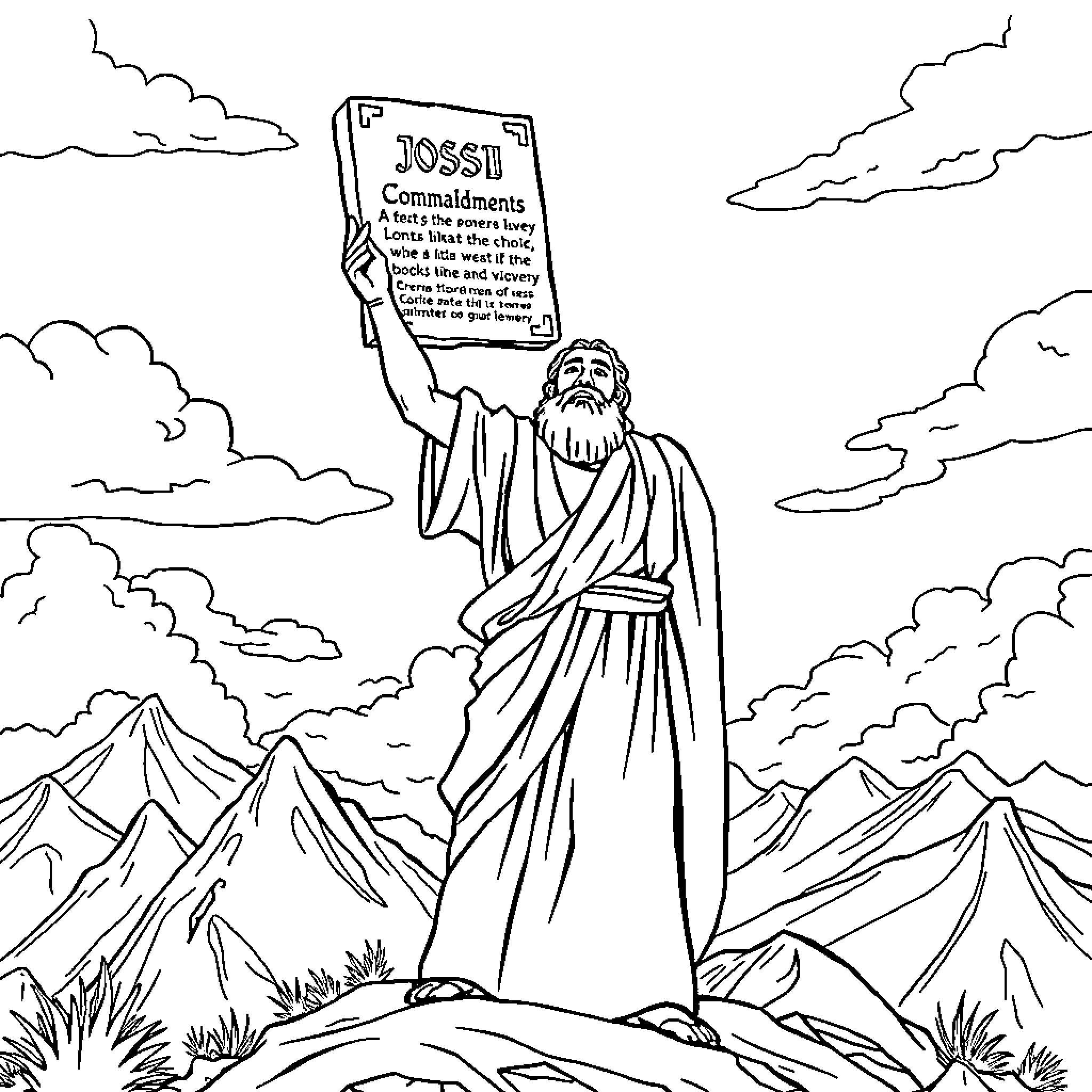 Moses Presenting the Ten Commandments to the People Coloring Page (free black-and-white line drawing printable PDF for all, from beginners to advanced learners, including children, teens, adults, and seniors)