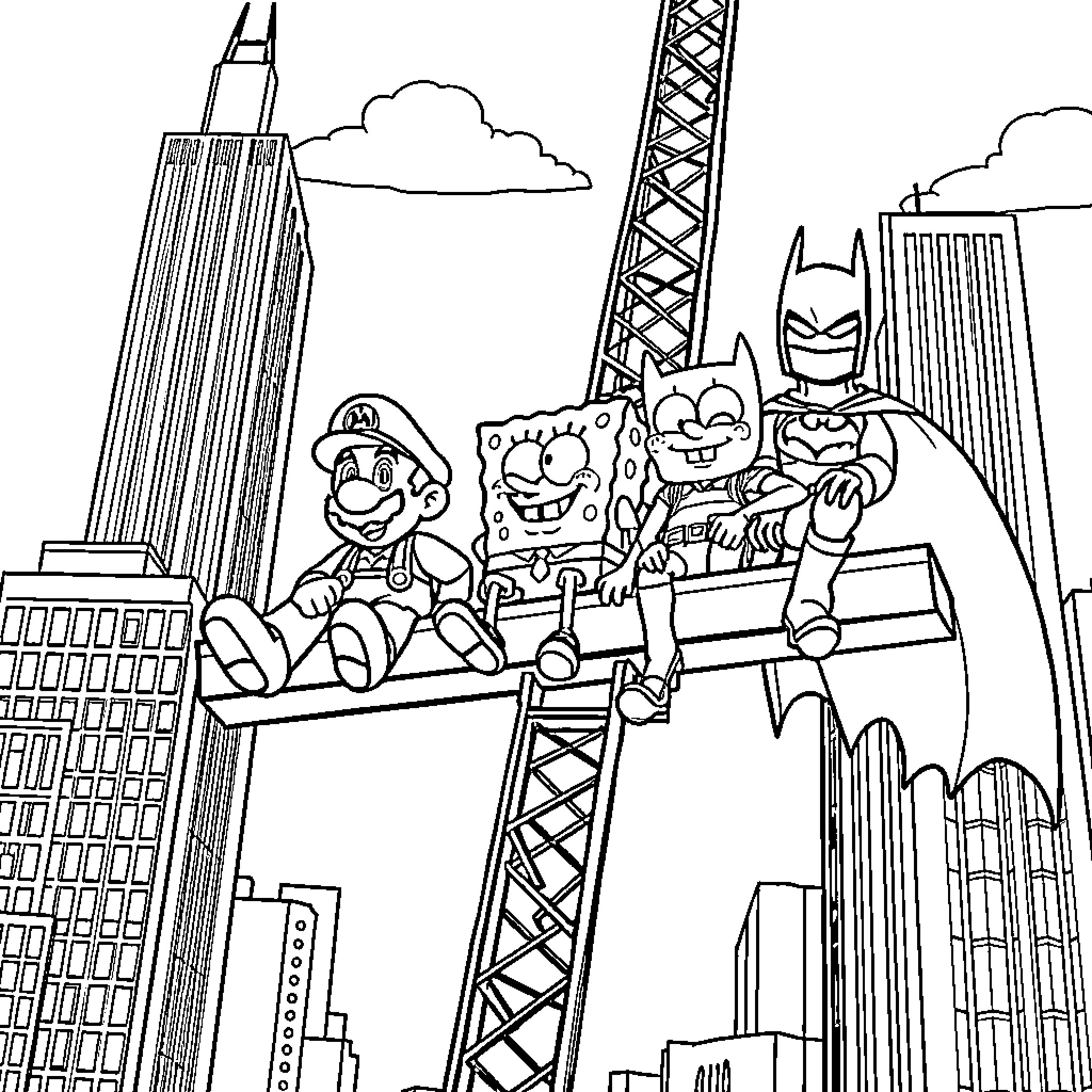 Mario and Friends Explore the City Skyline Coloring Page (free black-and-white line drawing printable PDF for all, from beginners to advanced learners, including children, teens, adults, and seniors)