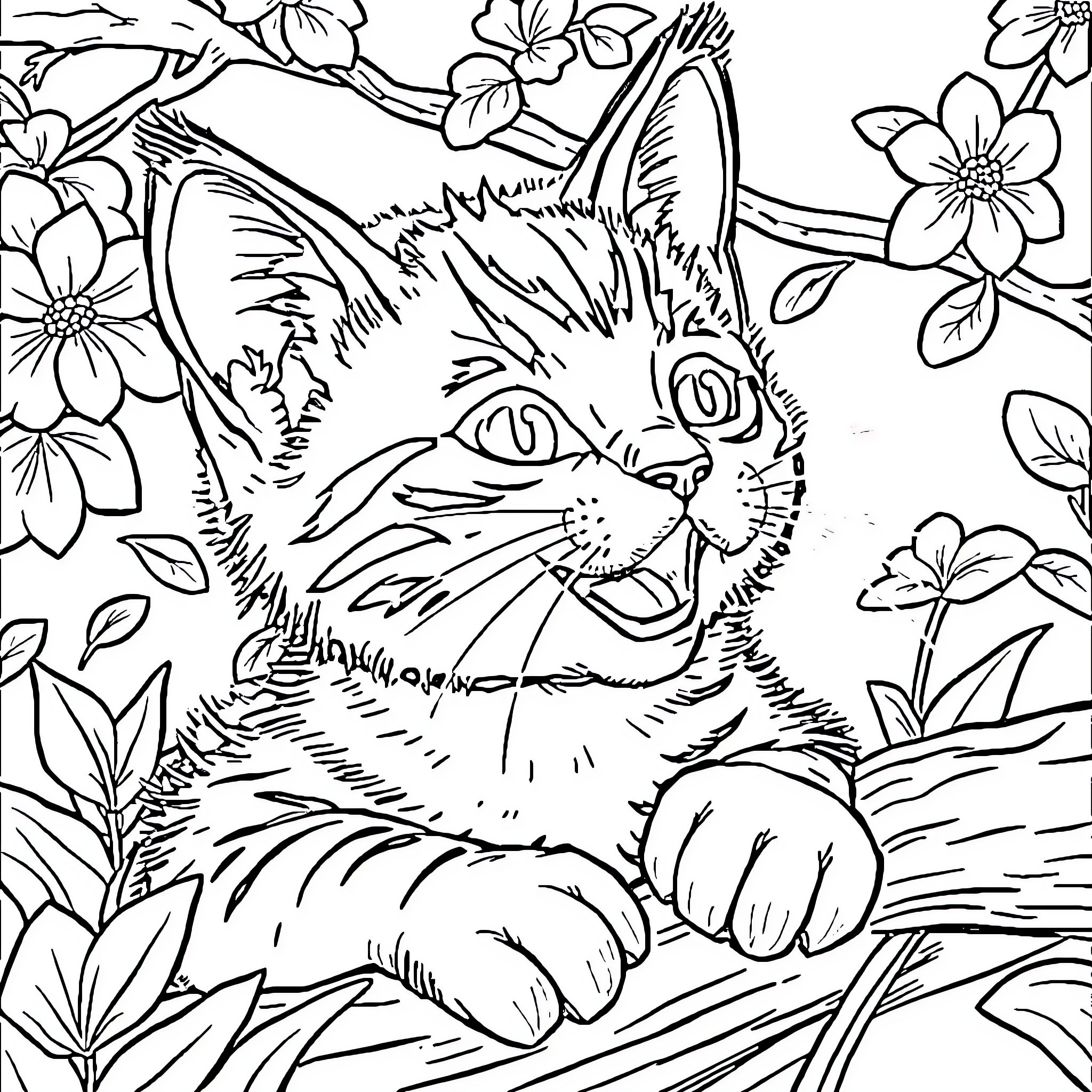 Animal enjoying the floral surroundings Coloring Page (free black-and-white line drawing printable PDF for all, from beginners to advanced learners, including children, teens, adults, and seniors)