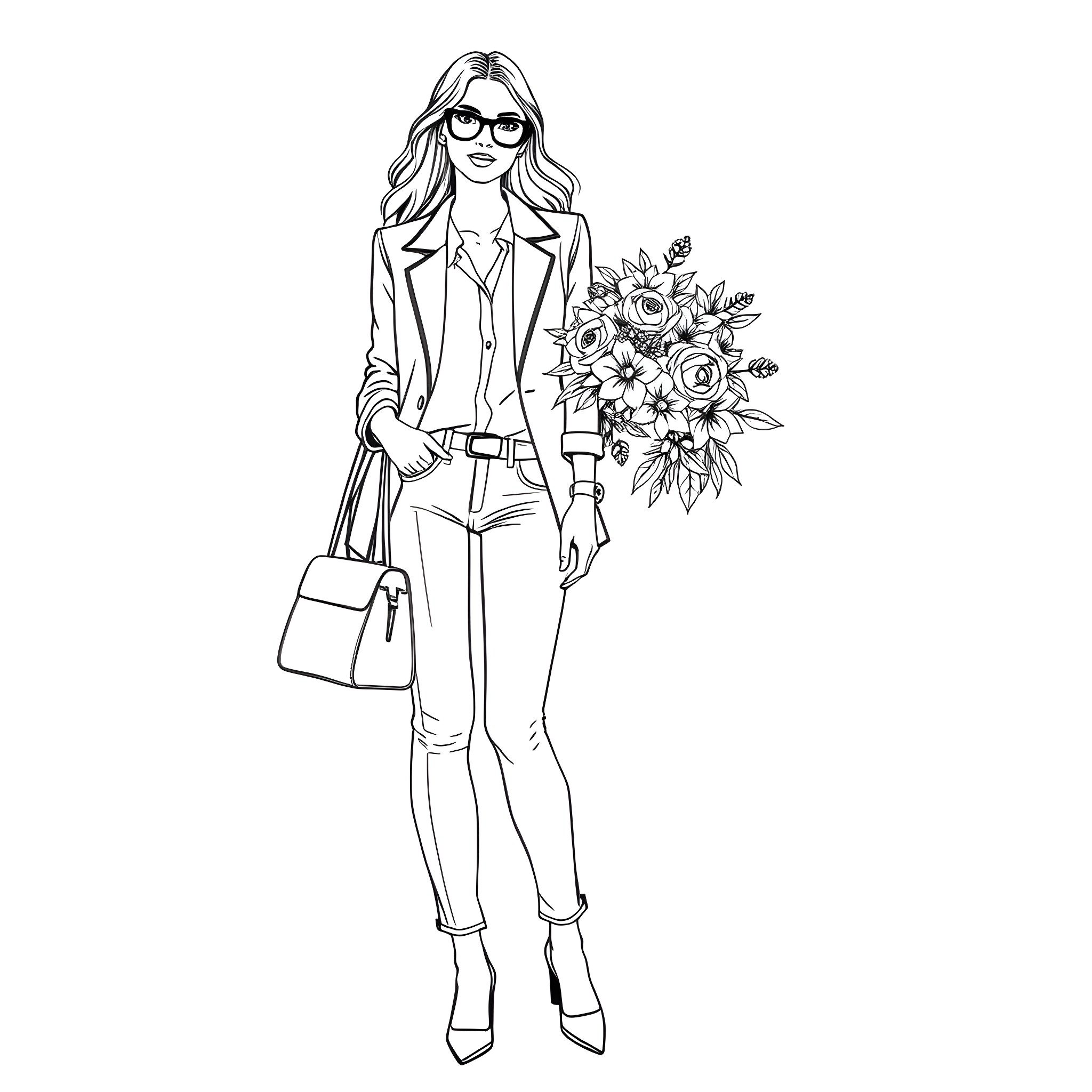 Woman holding bouquet of flowers in stylish outfit Coloring Page (free black-and-white line drawing printable PDF for all, from beginners to advanced learners, including children, teens, adults, and seniors)