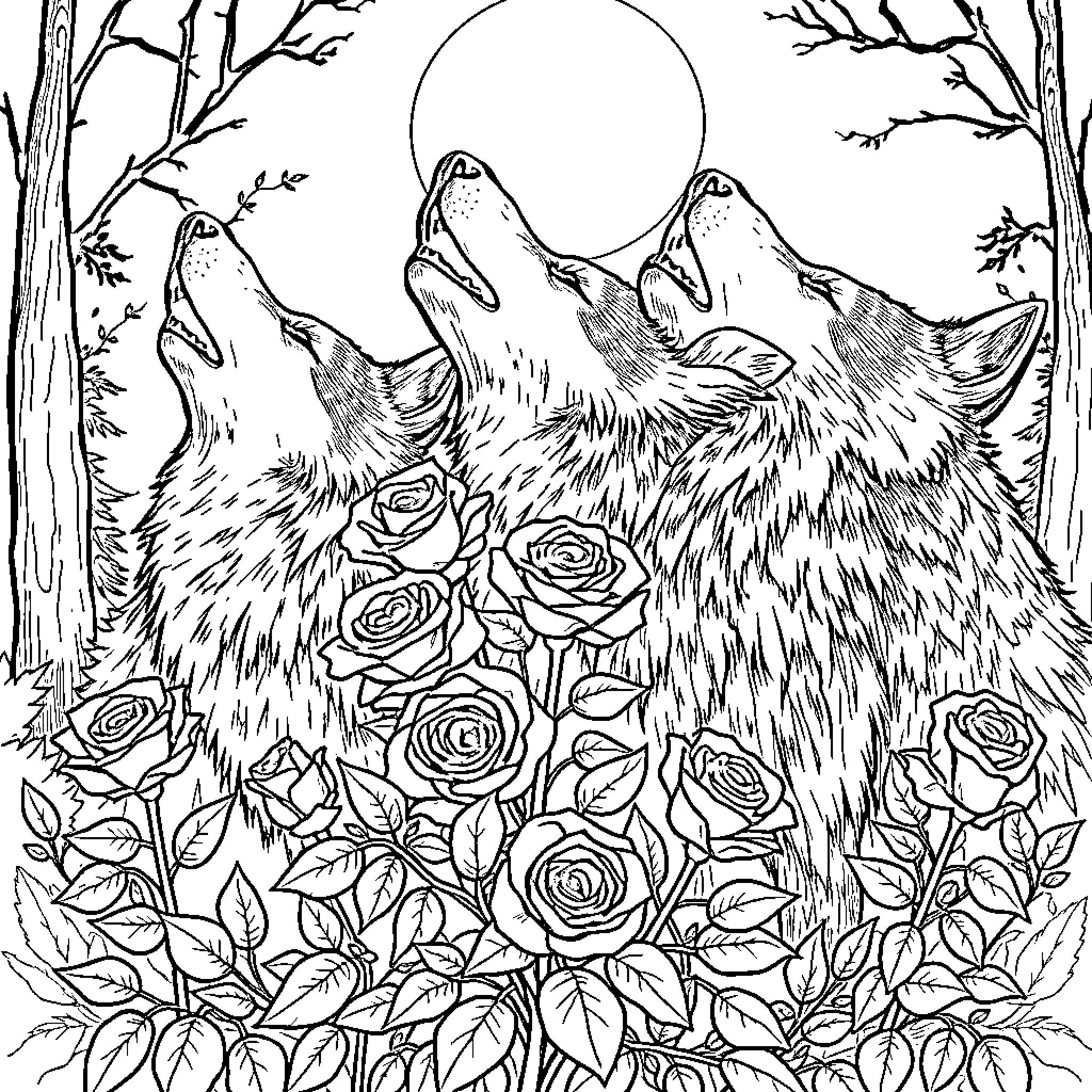 Rose Wolves Howling under the Moonlit Sky Coloring Page (free black-and-white line drawing printable PDF for all, from beginners to advanced learners, including children, teens, adults, and seniors)