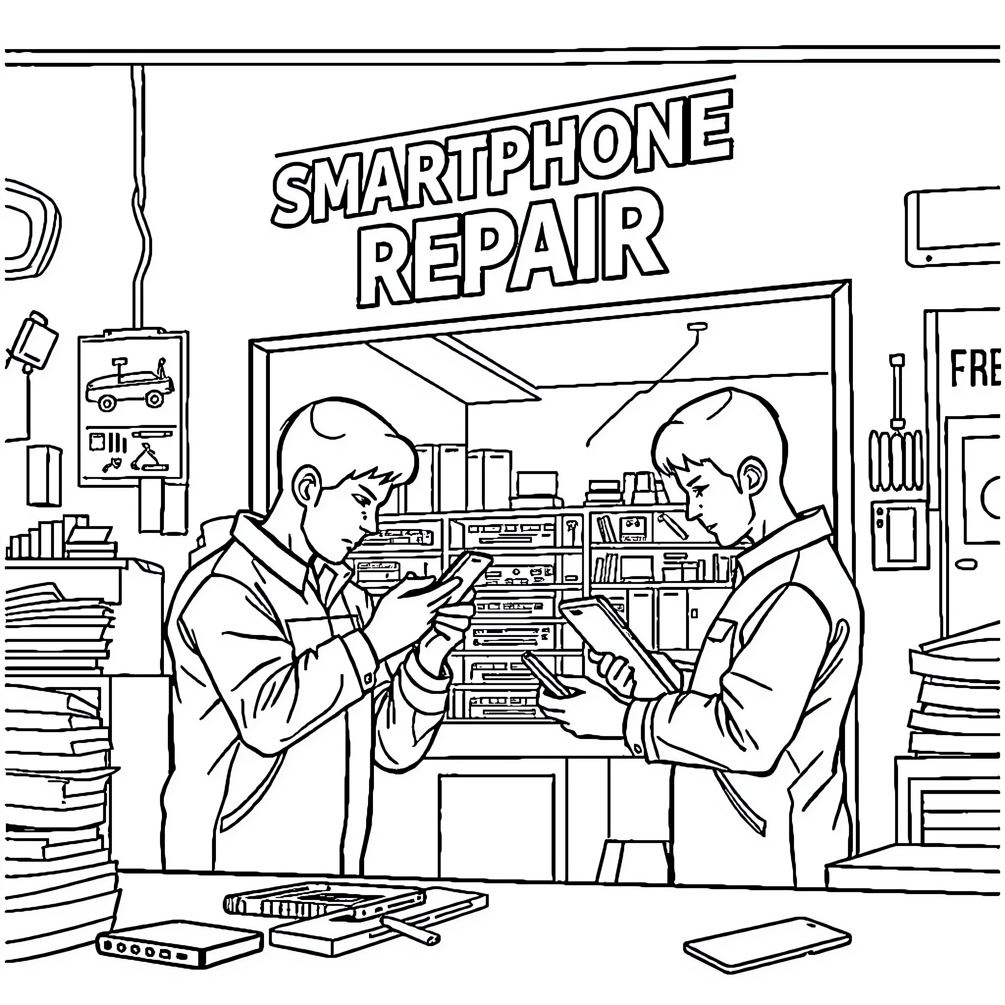 Smartphone Repair Shop Technicians Working Coloring Page (free black-and-white line drawing printable PDF for all, from beginners to advanced learners, including children, teens, adults, and seniors)