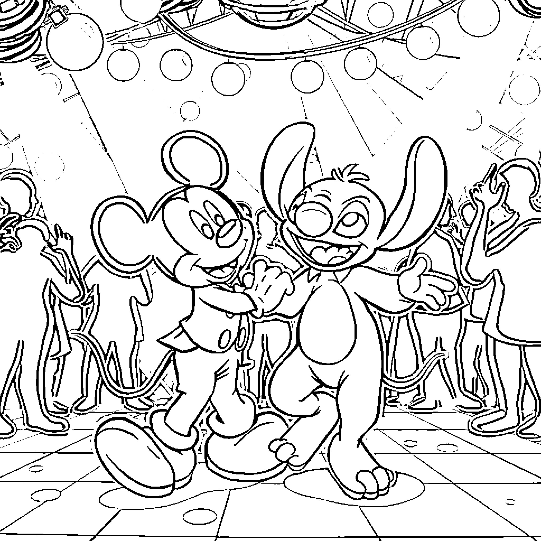 Mickey Mouse and Stitch at a lively party Coloring Page (free black-and-white line drawing printable PDF for all, from beginners to advanced learners, including children, teens, adults, and seniors)