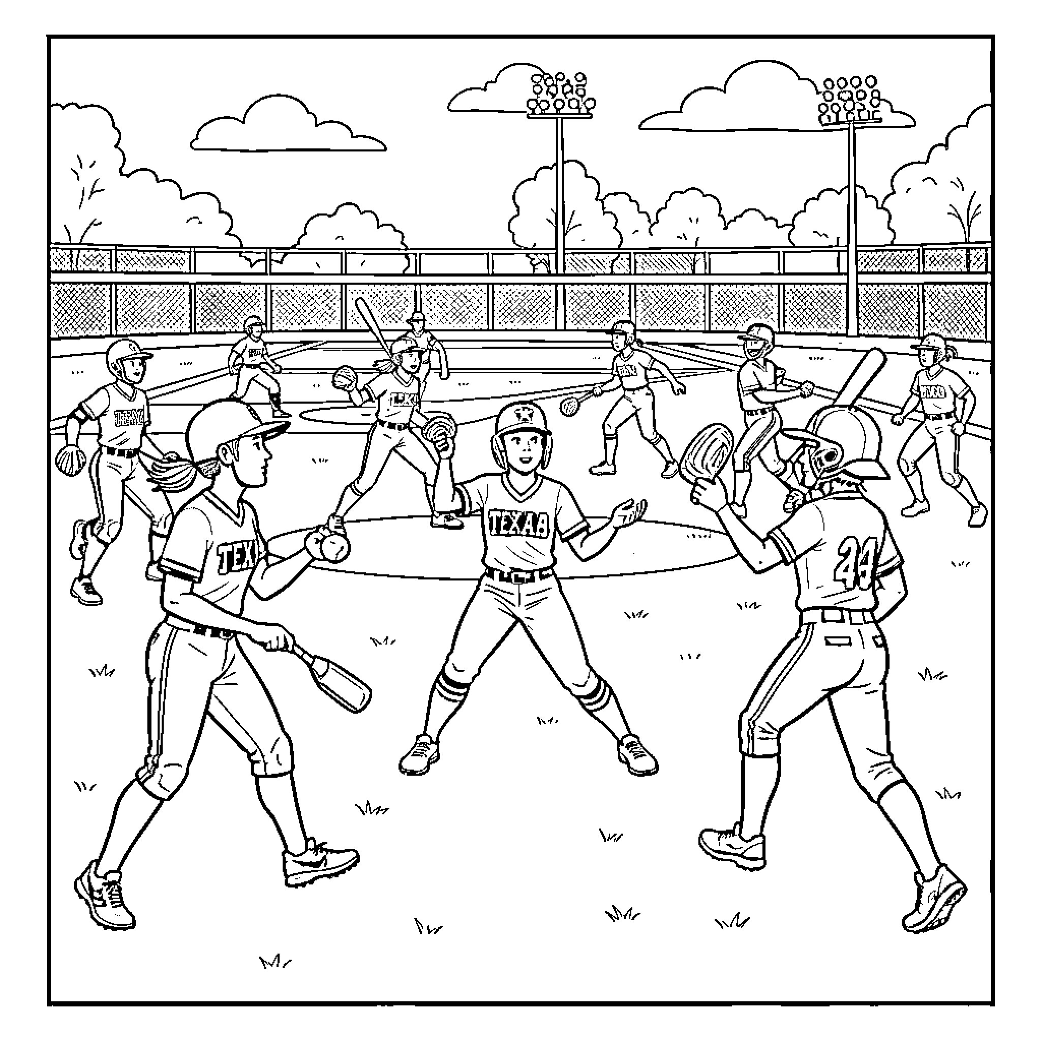 Fastpitch Softball Game Action on Field Coloring Page (free black-and-white line drawing printable PDF for all, from beginners to advanced learners, including children, teens, adults, and seniors)