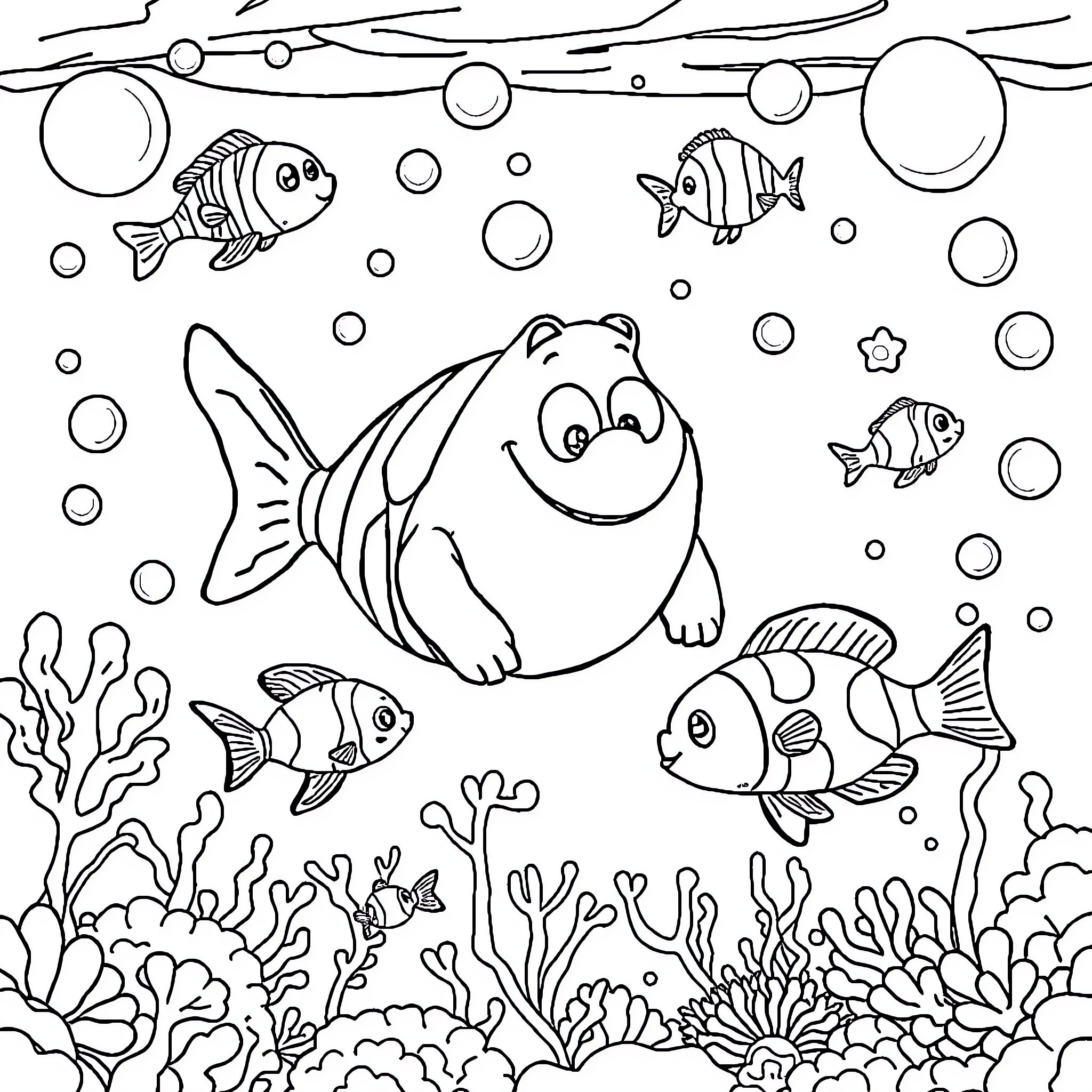 Sea Creature Swimming and Playing in the Underwater World Coloring Page (free black-and-white line drawing printable PDF for all, from beginners to advanced learners, including children, teens, adults, and seniors)
