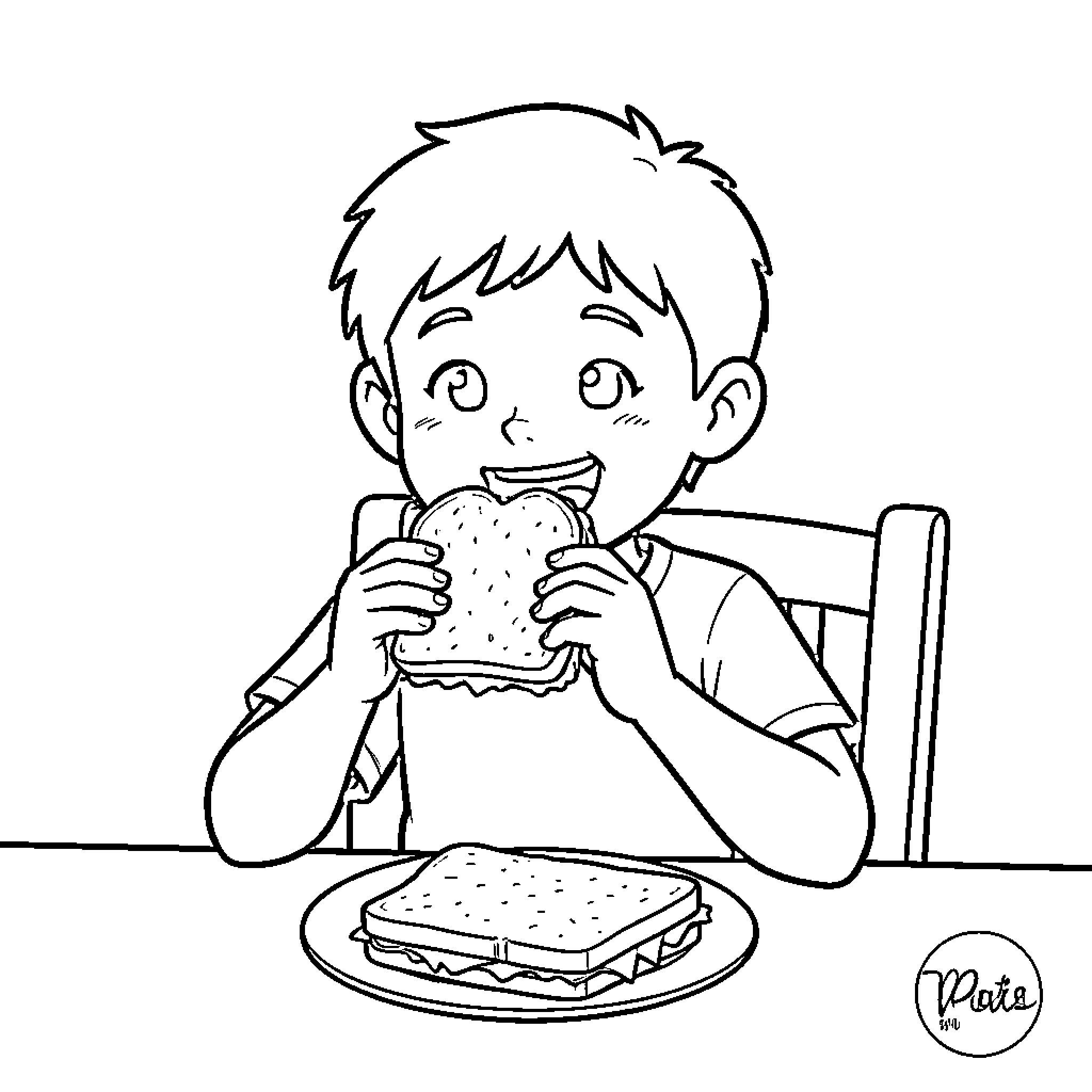 Boy happily eating a large sandwich at a table Coloring Page (free black-and-white line drawing printable PDF for all, from beginners to advanced learners, including children, teens, adults, and seniors)