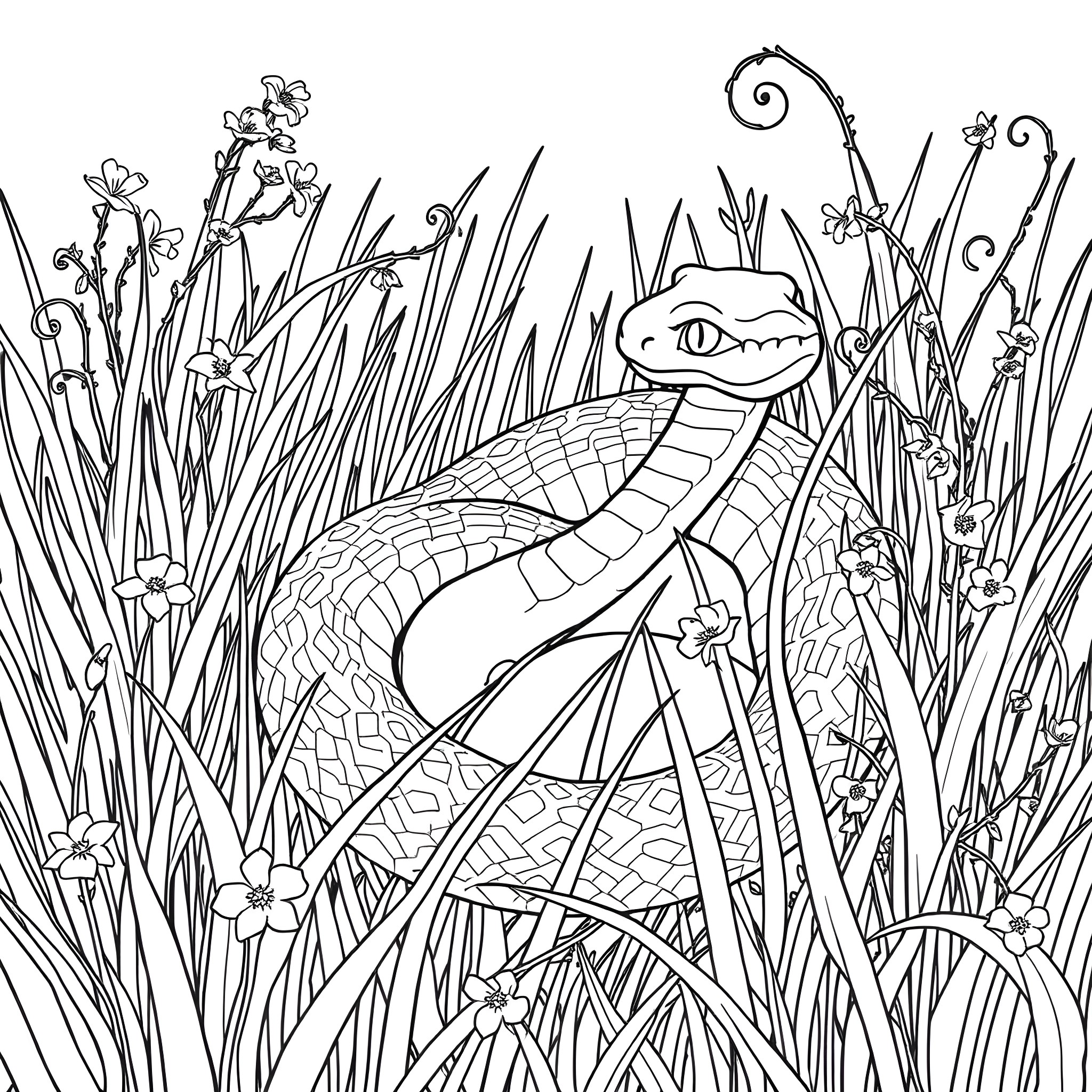 Snake slithering through a garden of flowers Coloring Page (free black-and-white line drawing printable PDF for all, from beginners to advanced learners, including children, teens, adults, and seniors)