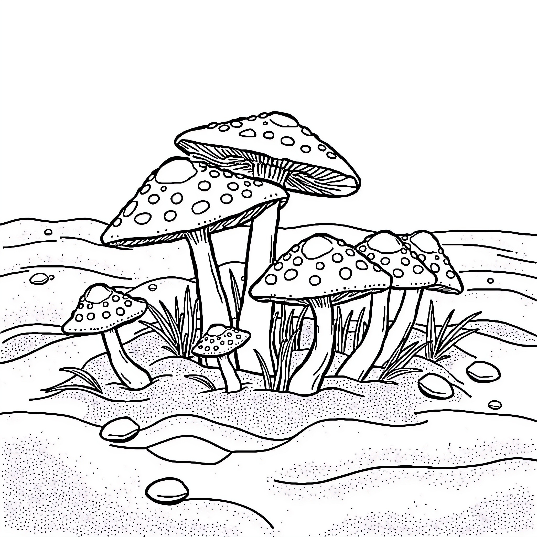 Mushroom Cluster in Enchanting Forest Setting Coloring Page (free black-and-white line drawing printable PDF for all, from beginners to advanced learners, including children, teens, adults, and seniors)