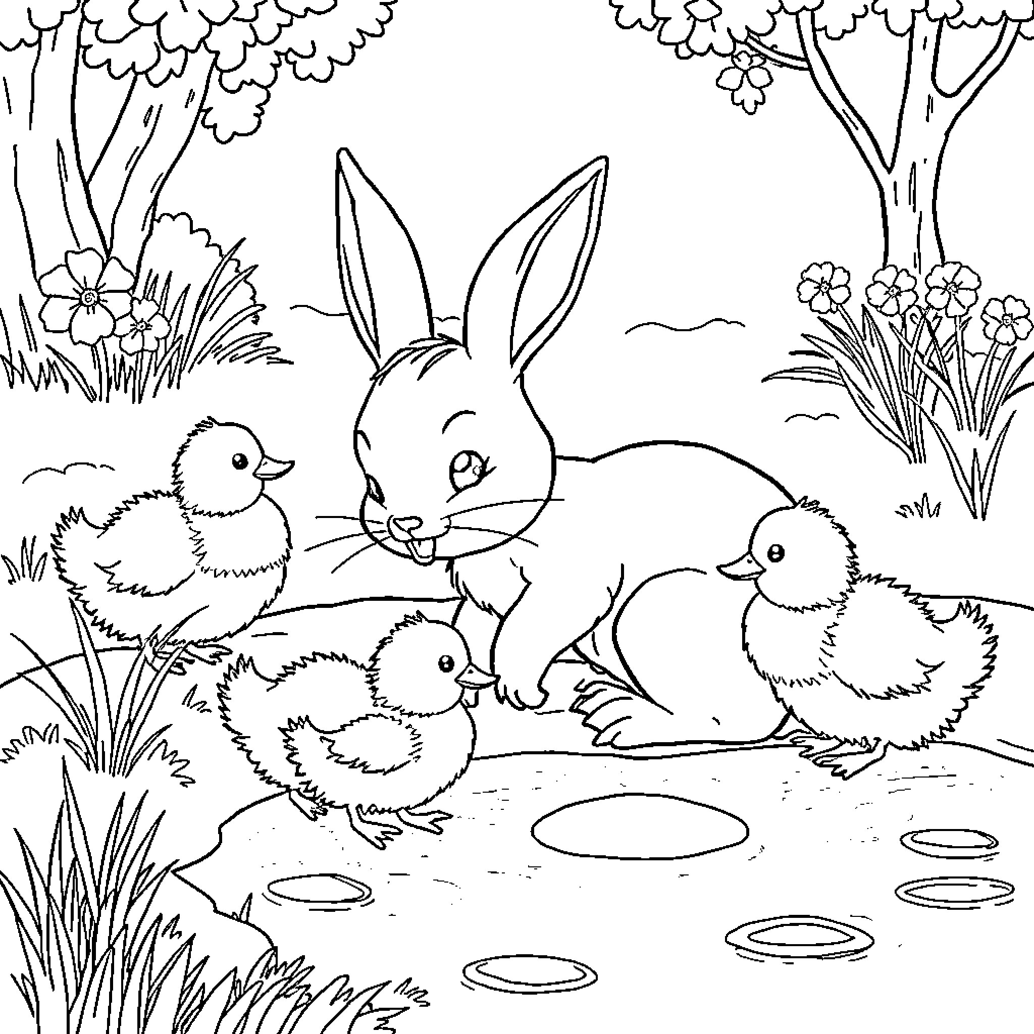 Bunny and ducklings in the forest Coloring Page (free black-and-white line drawing printable PDF for all, from beginners to advanced learners, including children, teens, adults, and seniors)