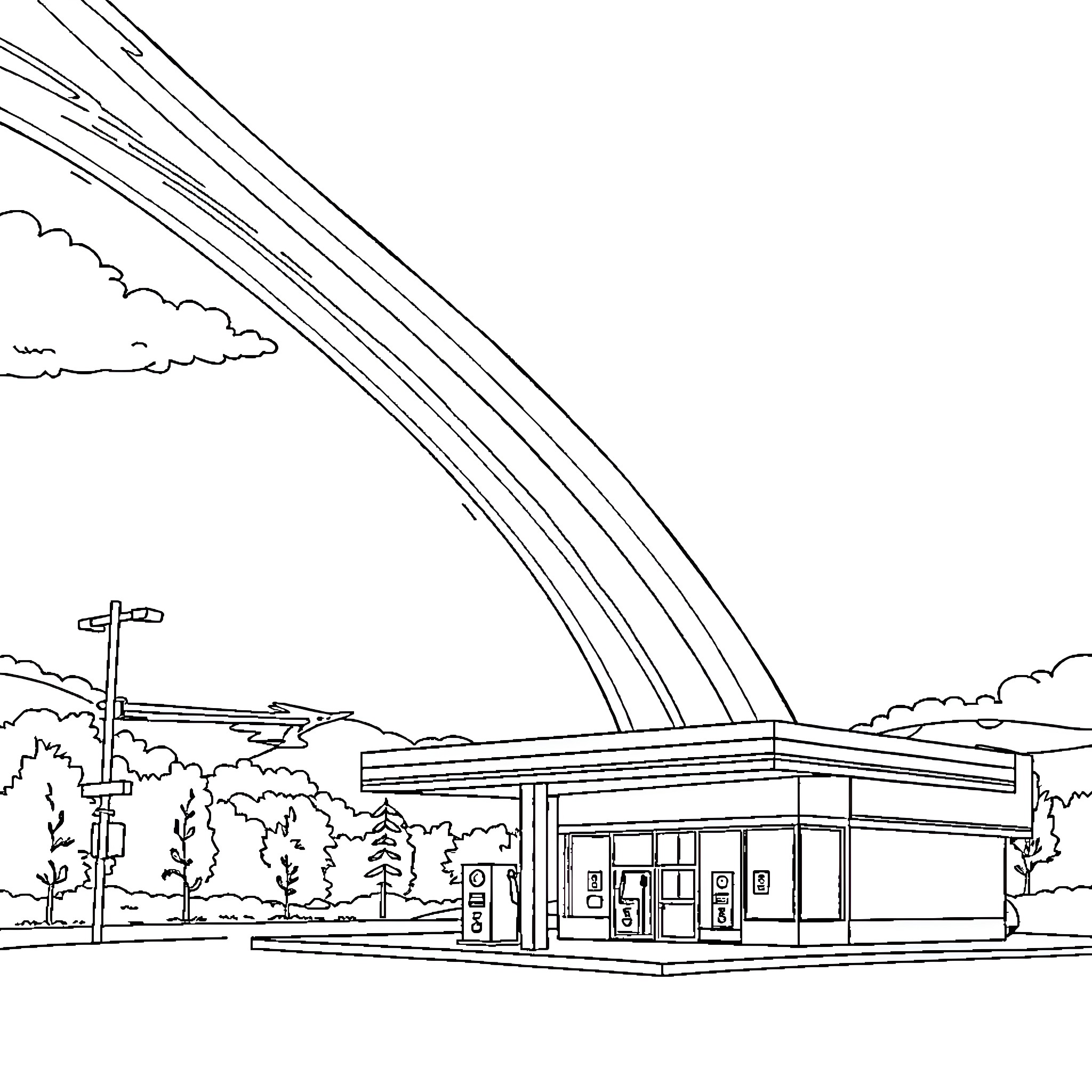 Rainbow-Themed Convenience Store Landscape Coloring Page (free black-and-white line drawing printable PDF for all, from beginners to advanced learners, including children, teens, adults, and seniors)
