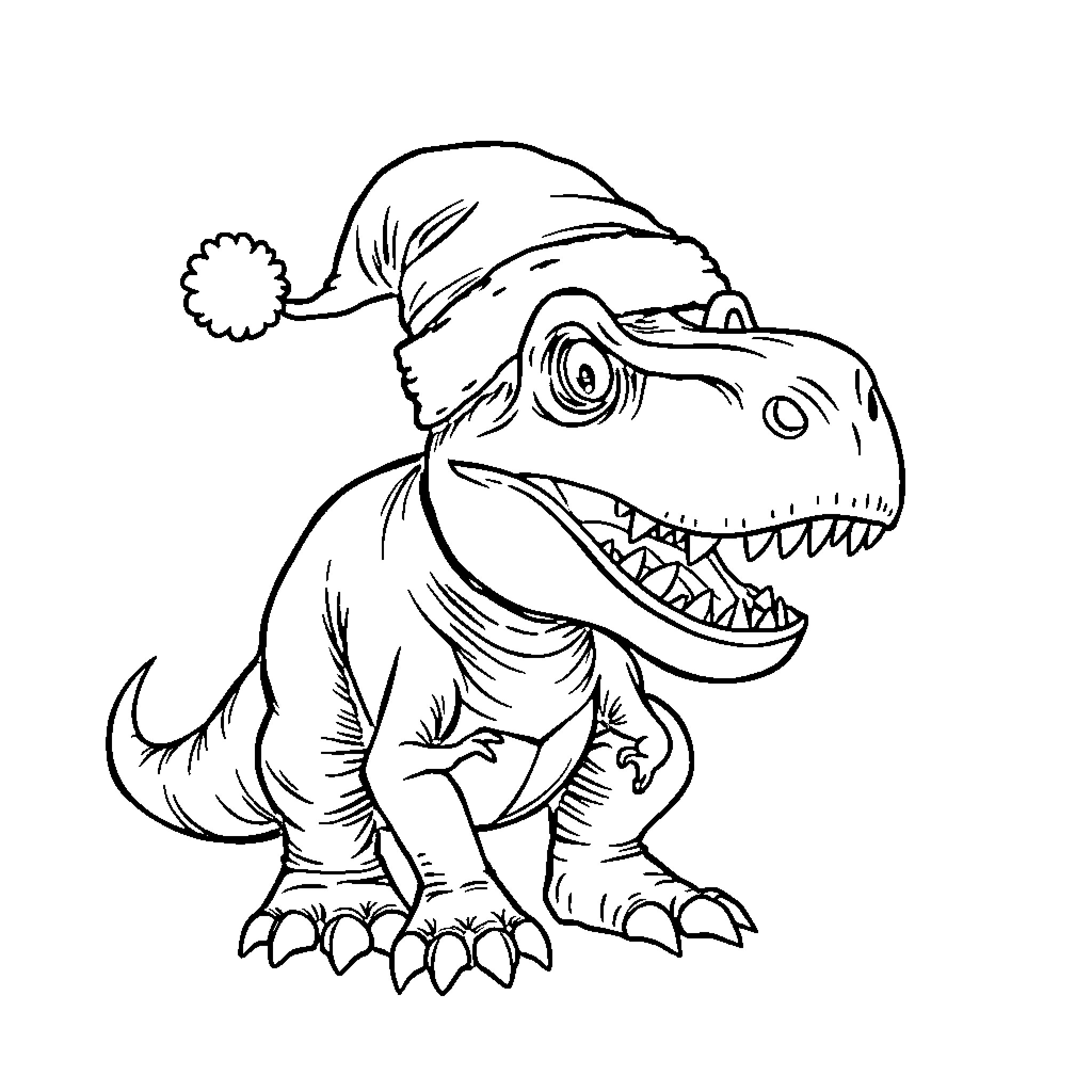 T-Rex Wearing a Santa Hat and Enjoying the Holidays Coloring Page (free black-and-white line drawing printable PDF for all, from beginners to advanced learners, including children, teens, adults, and seniors)