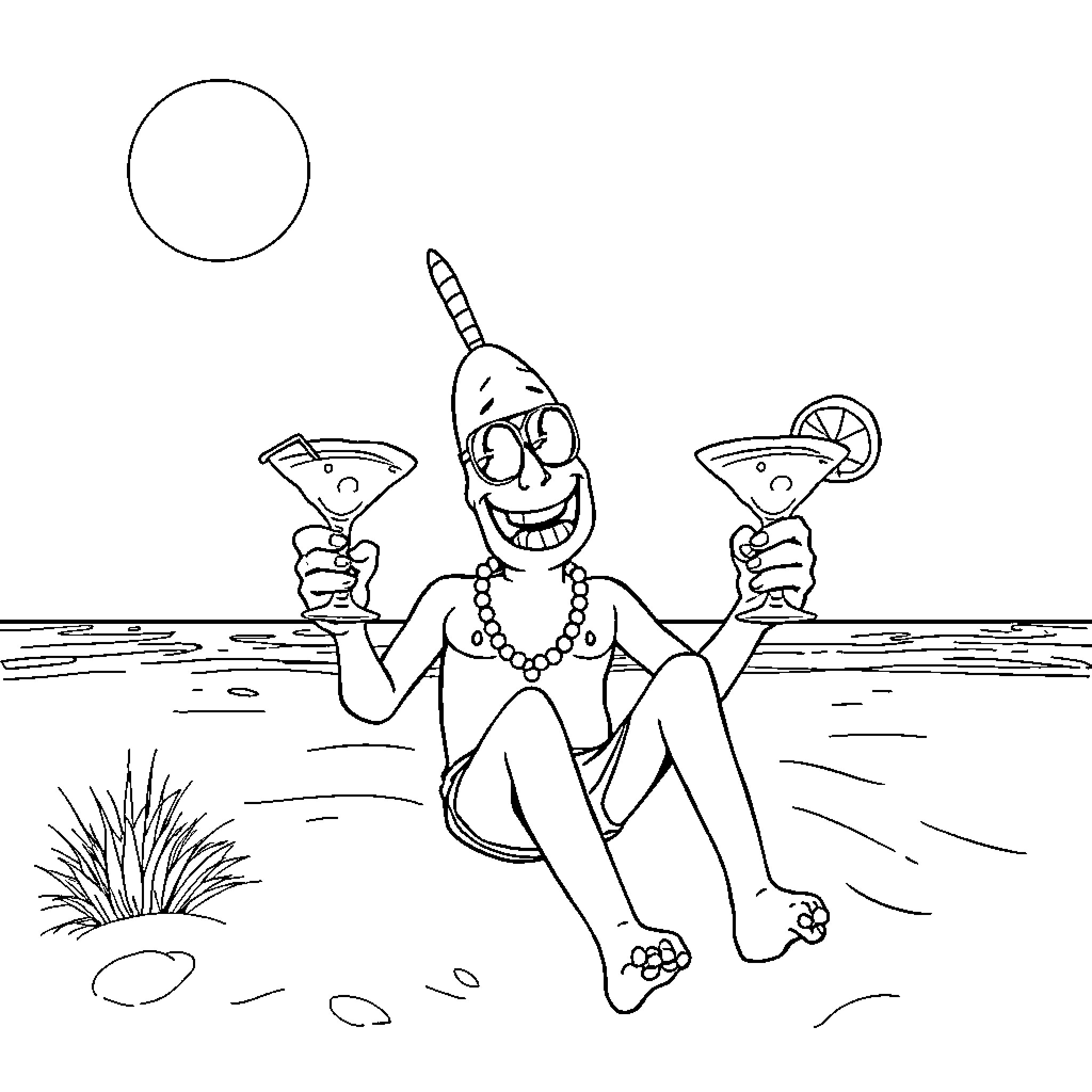 Pinhead enjoying cocktails on the beach Coloring Page (free black-and-white line drawing printable PDF for all, from beginners to advanced learners, including children, teens, adults, and seniors)