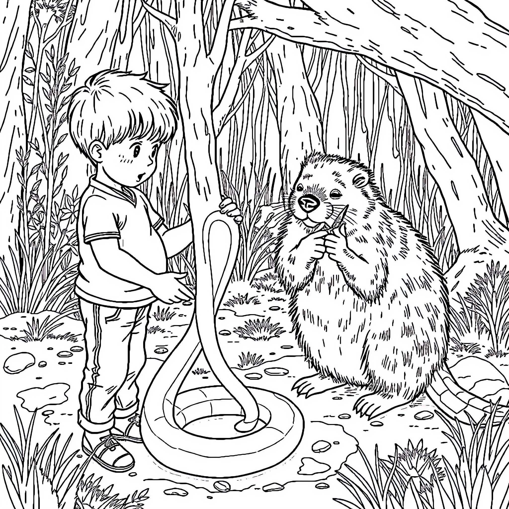 Boy exploring the wilderness with a furry friend Coloring Page (free black-and-white line drawing printable PDF for all, from beginners to advanced learners, including children, teens, adults, and seniors)
