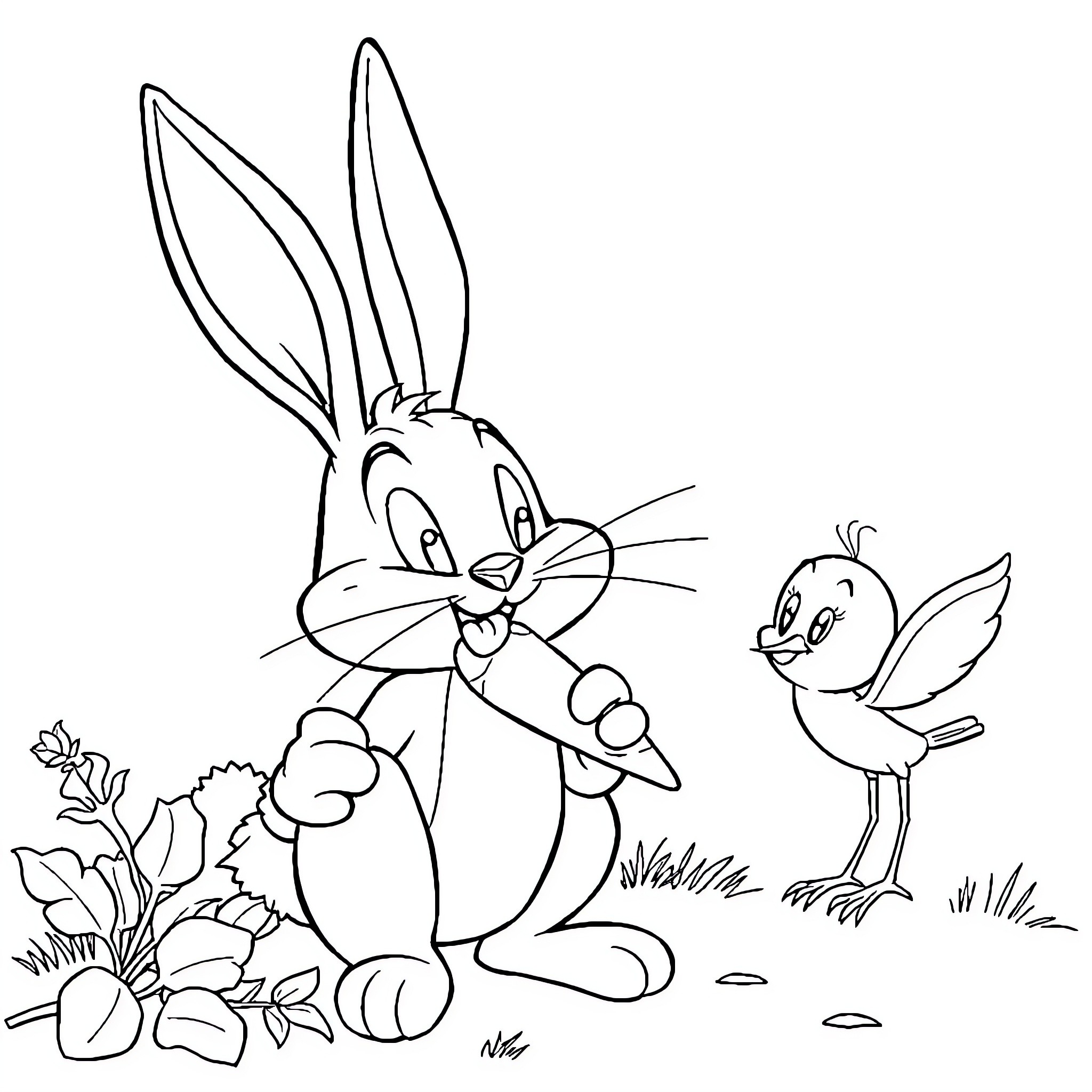 Bugs Bunny interacting with a bird in a natural setting Coloring Page (free black-and-white line drawing printable PDF for all, from beginners to advanced learners, including children, teens, adults, and seniors)