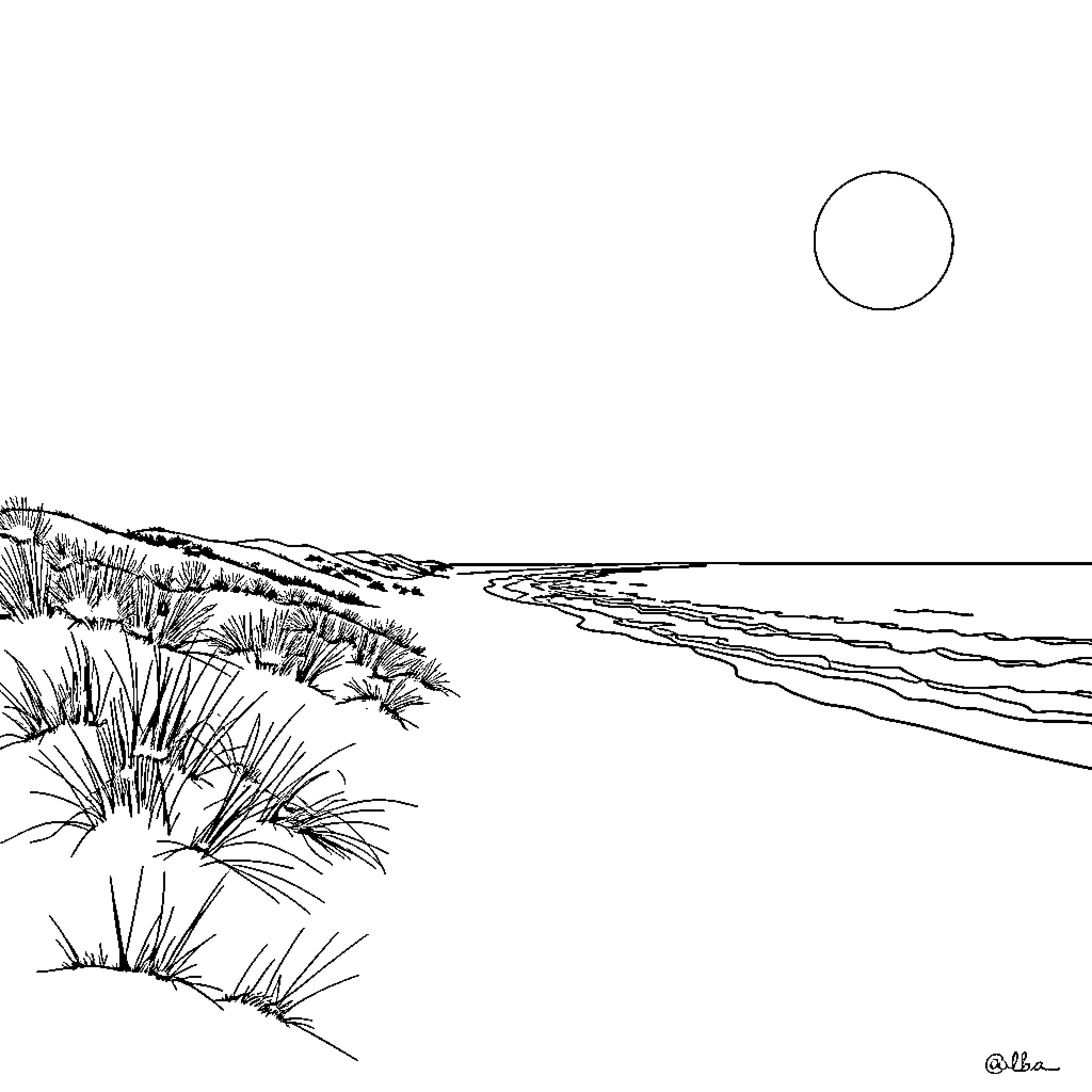 Alba's Tranquil Beach Scene Coloring Page (free black-and-white line drawing printable PDF for all, from beginners to advanced learners, including children, teens, adults, and seniors)